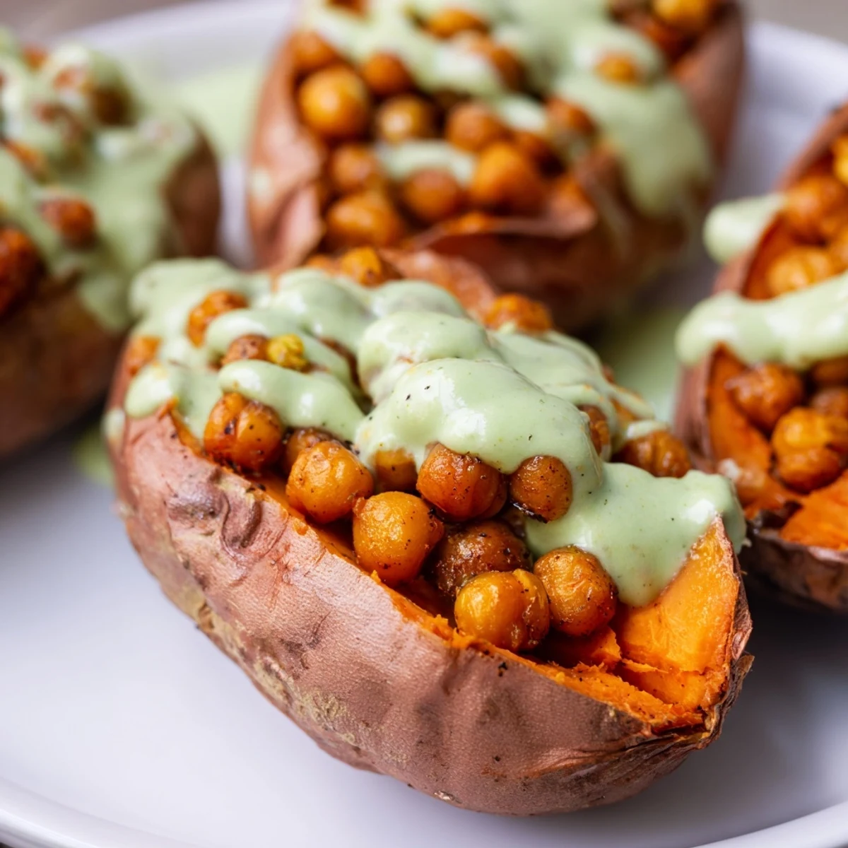 Sweet potatoes filled with roasted chickpeas and drizzled with vibrant Green Goddess sauce.