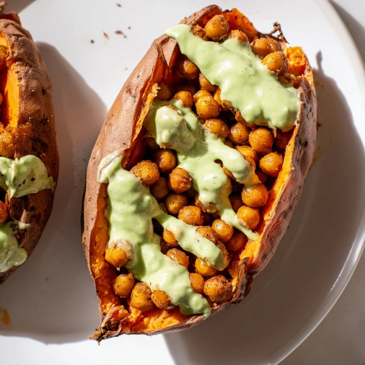 A close-up of Green Goddess chickpea stuffed sweet potatoes served warm with a side salad.