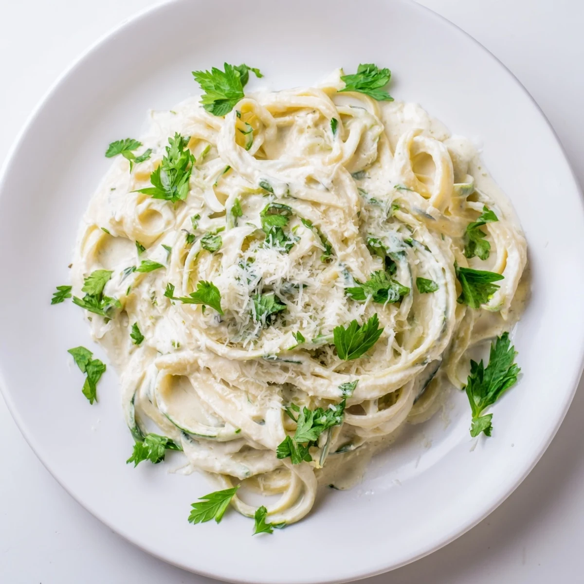 Top-down view of Cottage Cheese Alfredo Zucchini Noodles plated with extra Parmesan and a side salad.