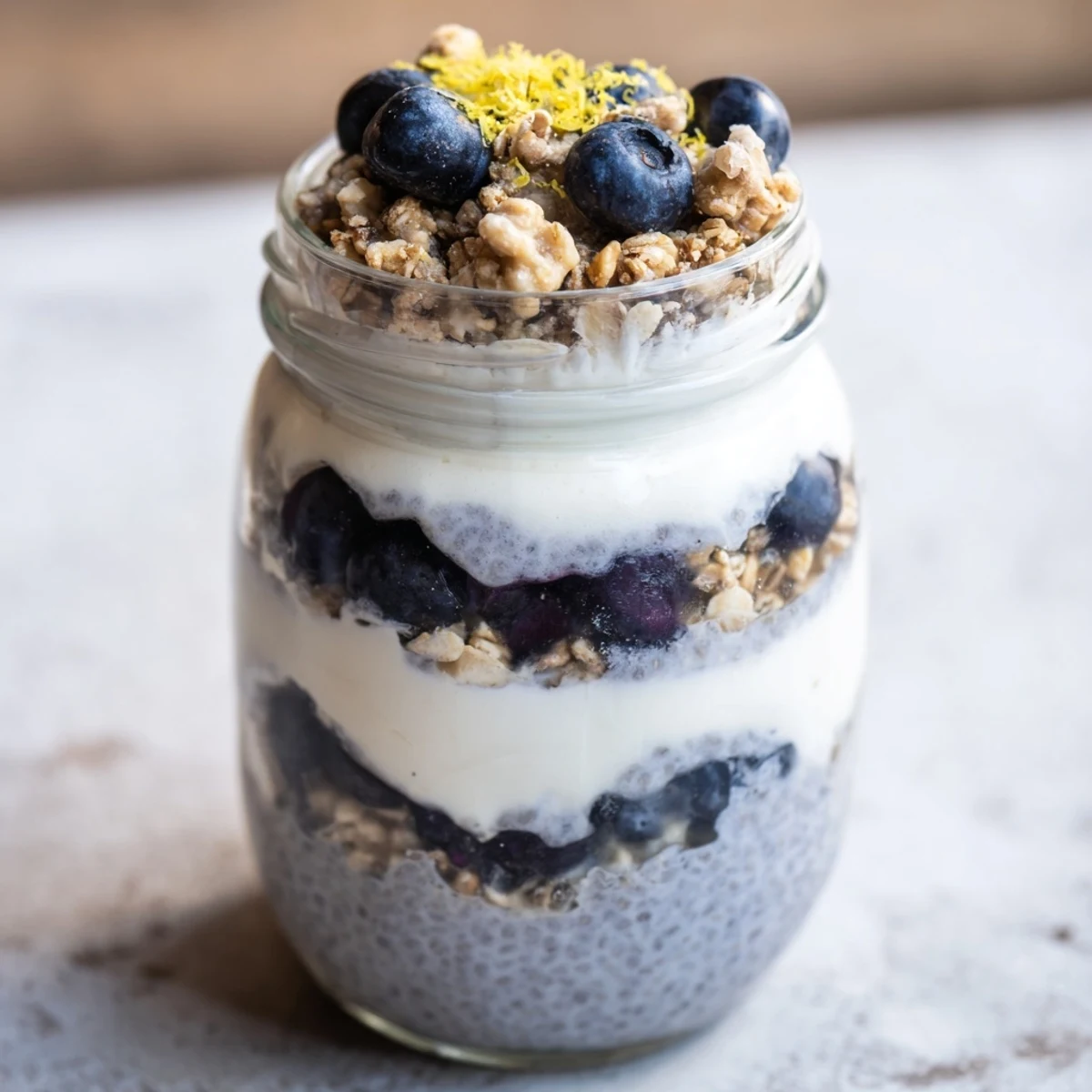 Overhead view of Blueberry Lemon Protein Chia Parfait in a glass jar topped with crunchy granola.  