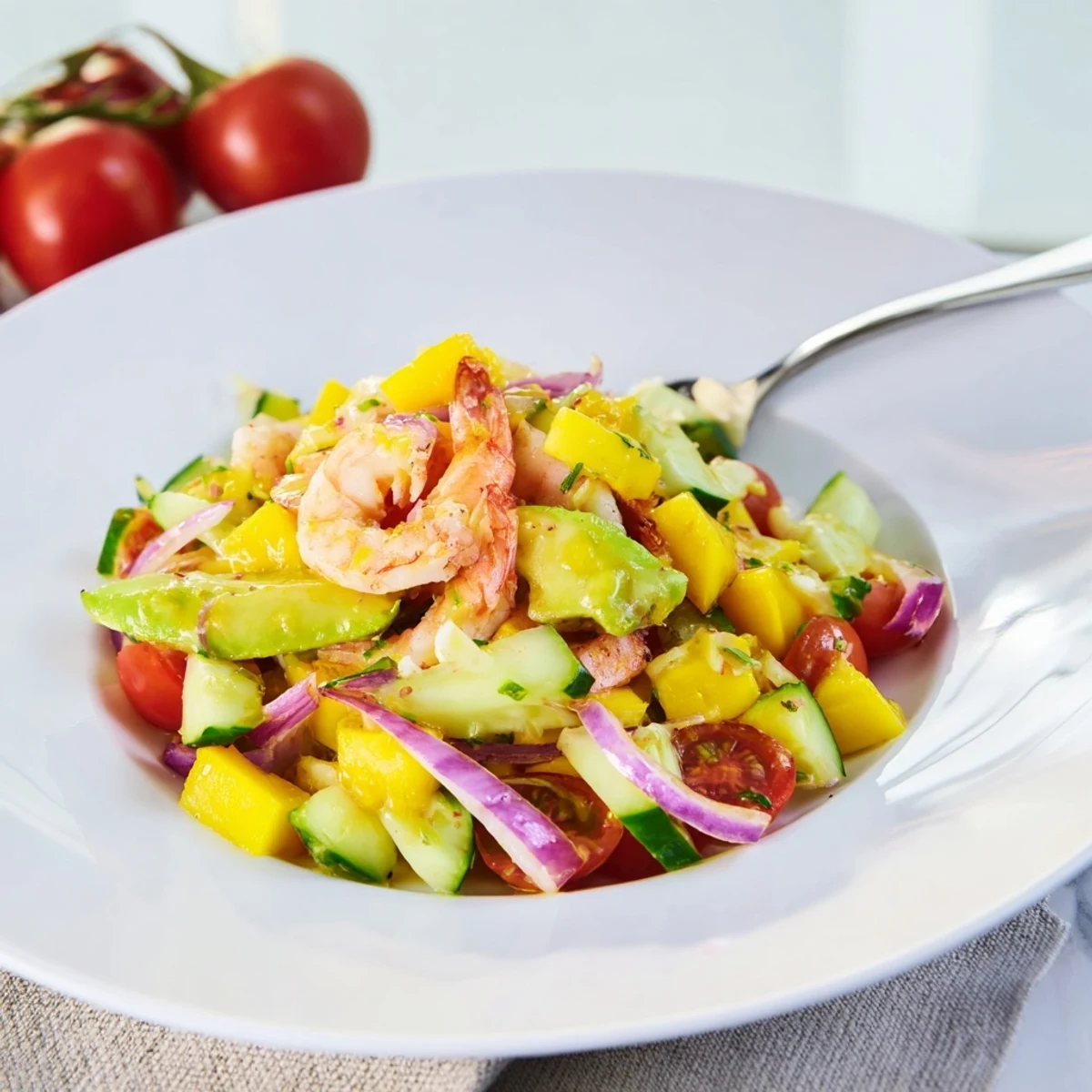 Freshly cooked shrimp, diced mango, and creamy avocado arranged on mixed greens with a zesty lime dressing for Mango Lime Shrimp and Avocado Salad.