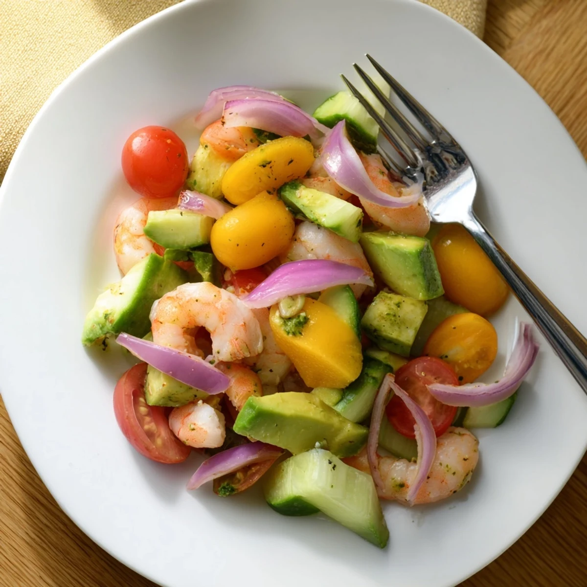 Bright, colorful bowl of Mango Lime Shrimp and Avocado Salad ready to serve as a light summer lunch, drizzled with lime dressing.
