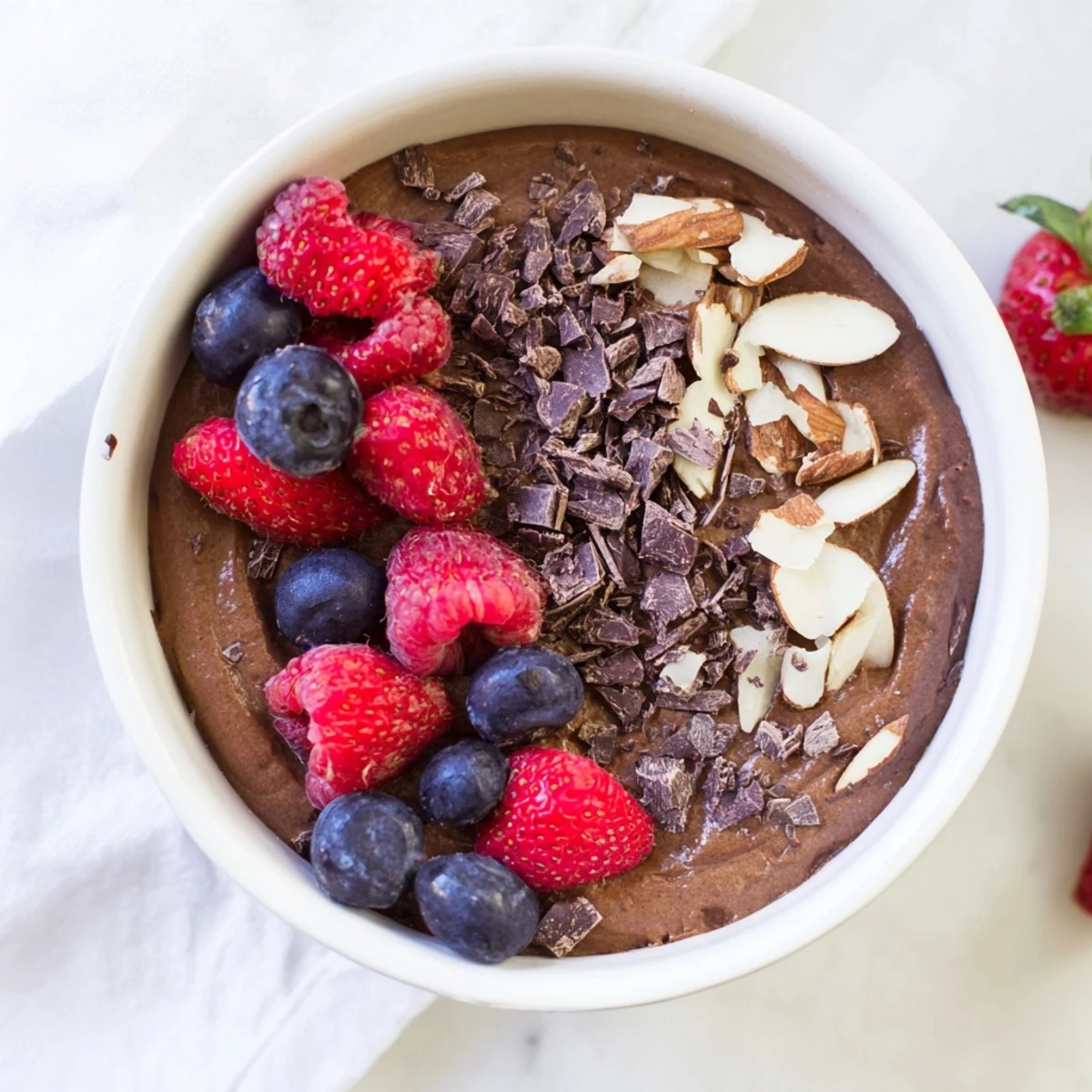 A chilled bowl of Chocolate Avocado Protein Mousse topped with chopped pistachios and cocoa powder.