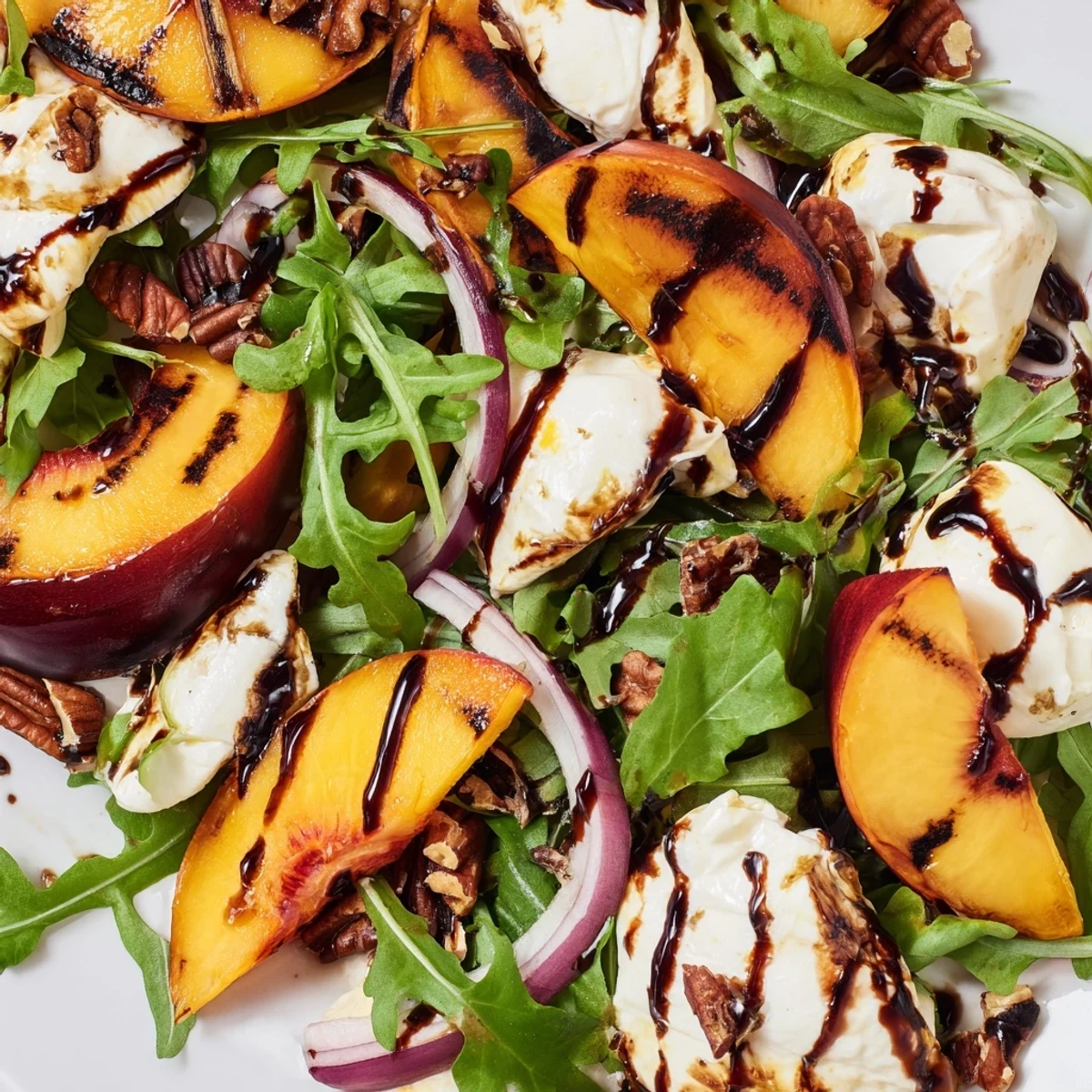 Sliced grilled peaches and creamy burrata atop peppery arugula, drizzled with tangy balsamic glaze in this Grilled Peach and Burrata Arugula Salad.