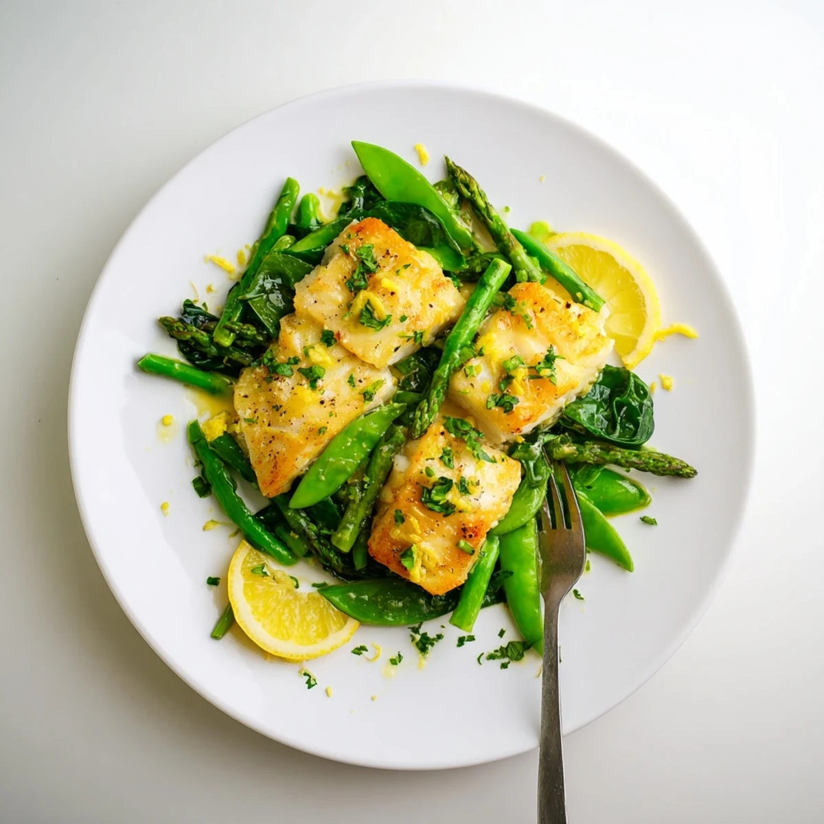 Golden pan-seared Lemon Garlic Butter Cod With Spring Greens on a white plate, drizzled with buttery lemon sauce and garnished with fresh parsley.