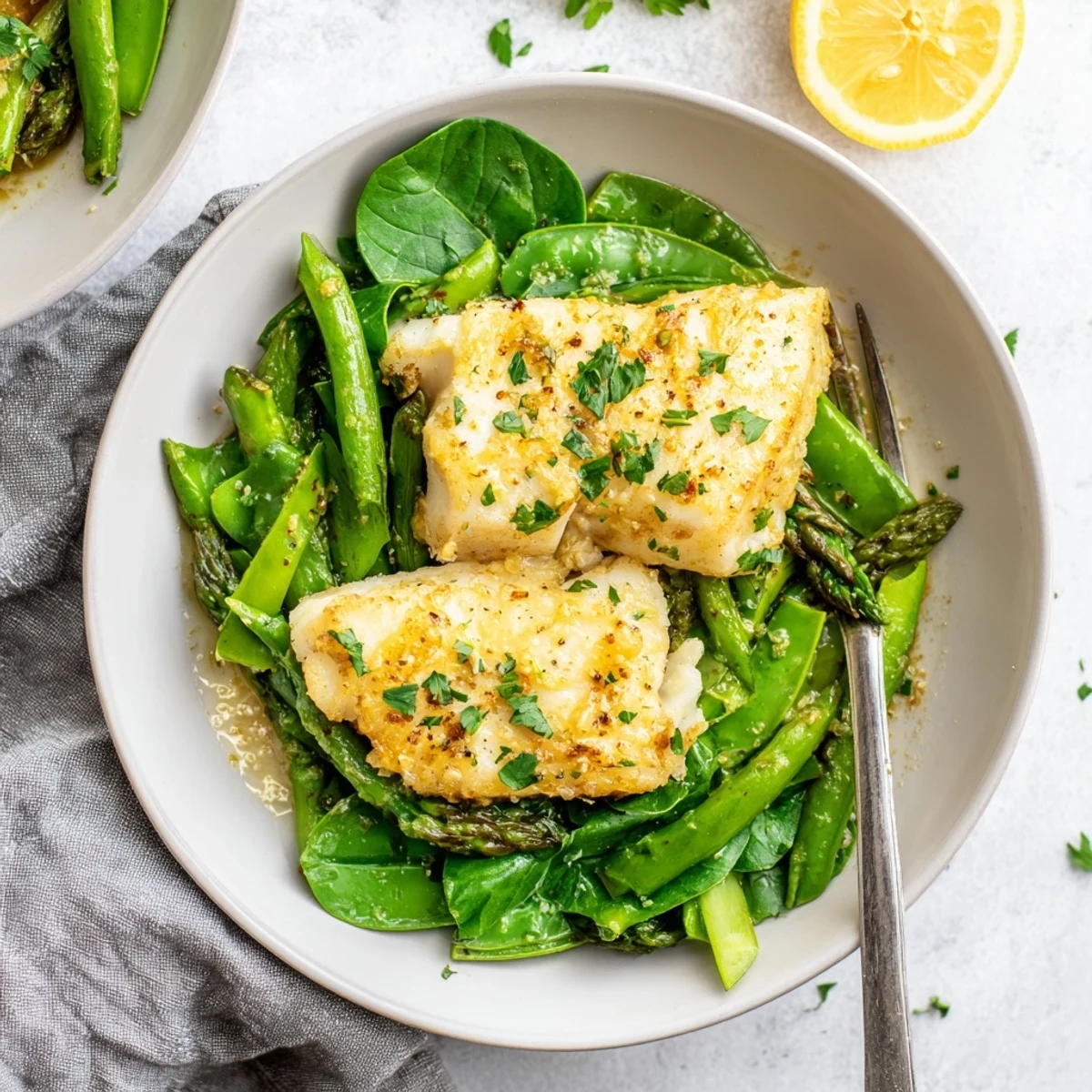Flaky cod fillets in Lemon Garlic Butter Cod With Spring Greens, paired with wilted spinach and bright lemon zest for a light dinner.