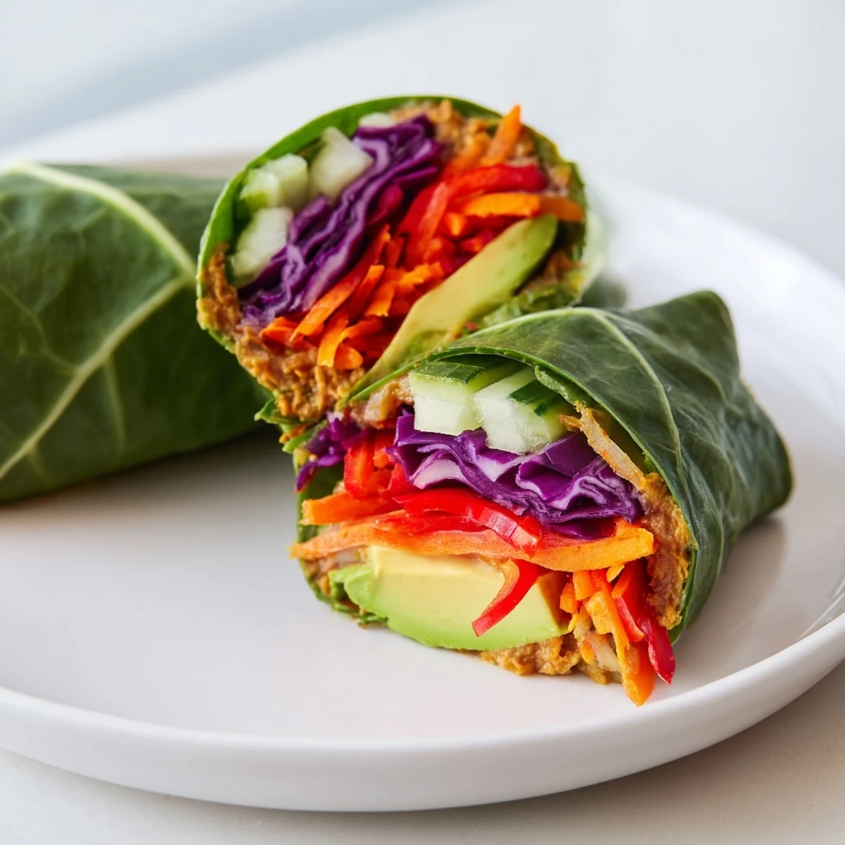 Roasted Red Pepper and Walnut Dip Collard Wraps showcase vibrant green leaves stuffed with creamy dip and crunchy veggies.