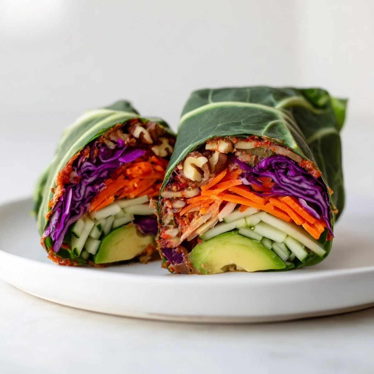 A close-up of Roasted Red Pepper and Walnut Dip Collard Wraps reveals julienned carrots and avocado slices.