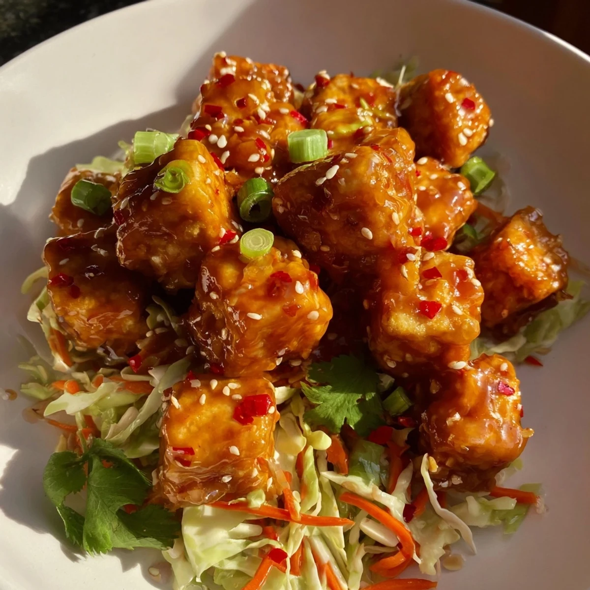 Vibrant red and green cabbage slaw with carrots and cilantro complements the spicy Chili Lime Tofu recipe.