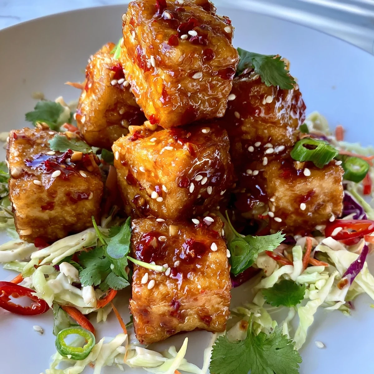 Fresh lime wedges and sesame seeds garnish this easy vegan Chili Lime Tofu With Cabbage Slaw dinner.