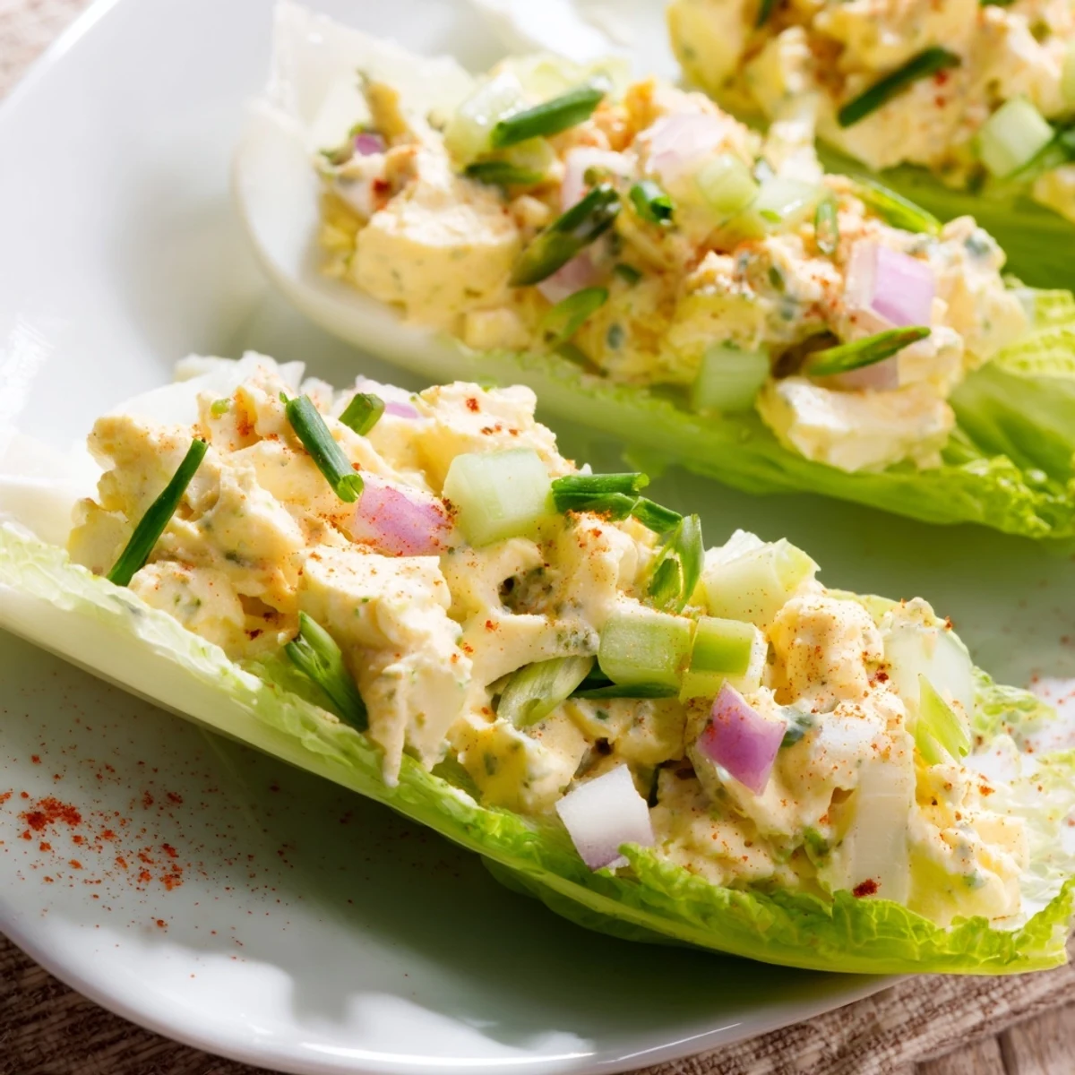 Crisp romaine lettuce boats filled with a creamy cottage cheese egg salad, garnished with fresh chives for a light lunch.  