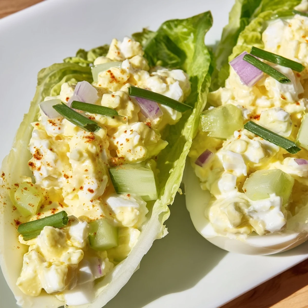 A close-up of vibrant cottage cheese egg salad nestled in green lettuce leaves with diced red onion and celery.  