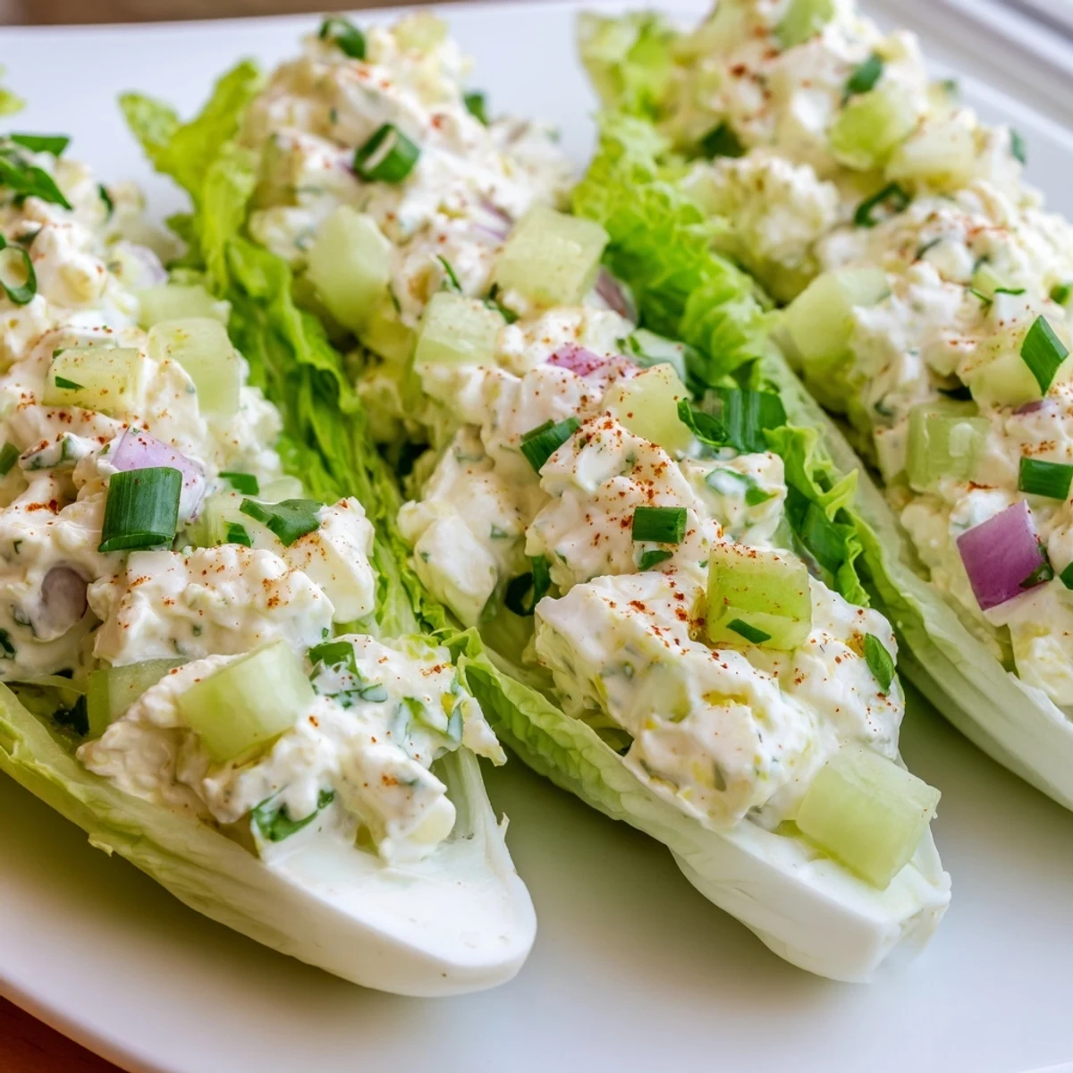Ready-to-eat cottage cheese egg salad lettuce boats, serving four as a gluten-free low carb American recipe main dish.
