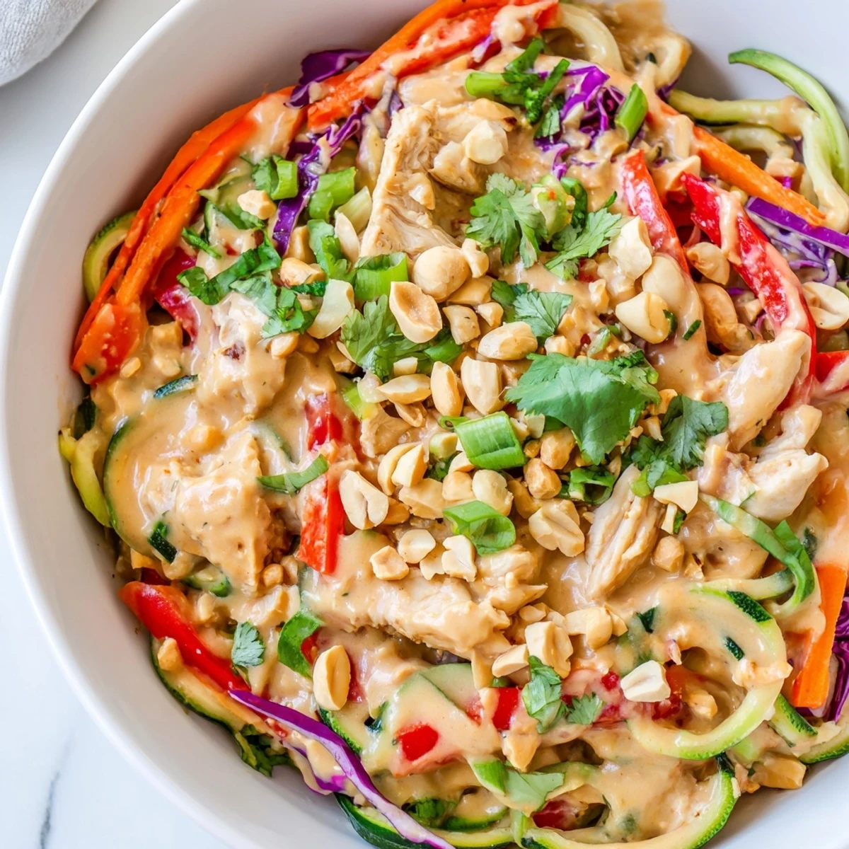 A close-up of Thai Inspired Peanut Chicken Zoodle Bowl featuring fresh cilantro, lime wedges, and vibrant sliced vegetables for a healthy meal.