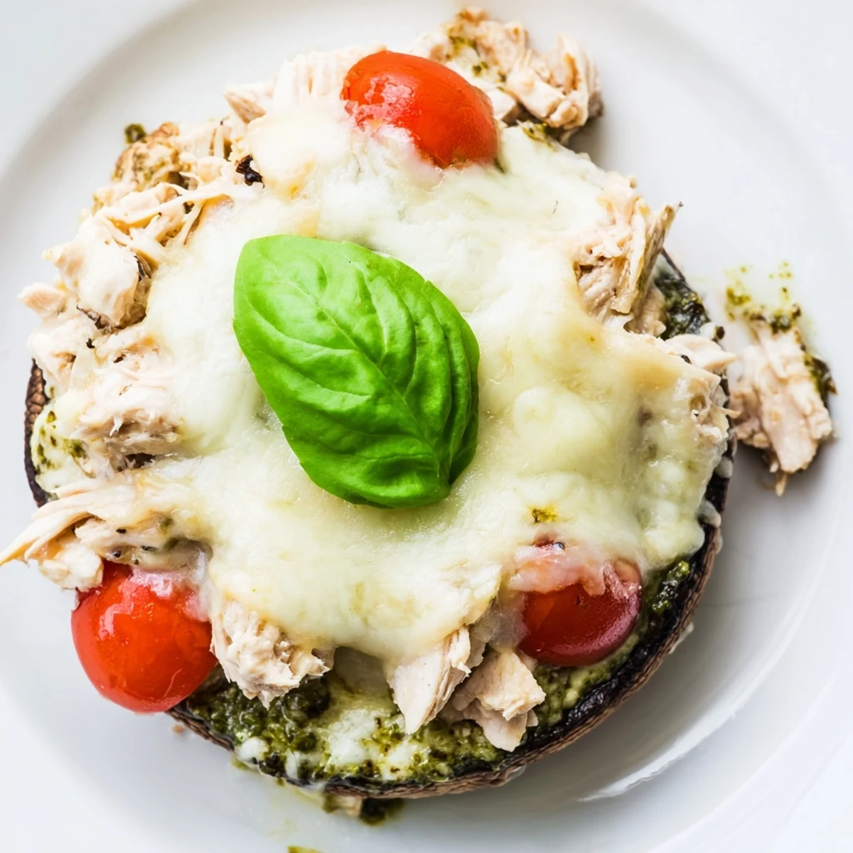 Golden-baked Pesto Chicken Stuffed Portobello Mushrooms with melted mozzarella and fresh basil garnish.