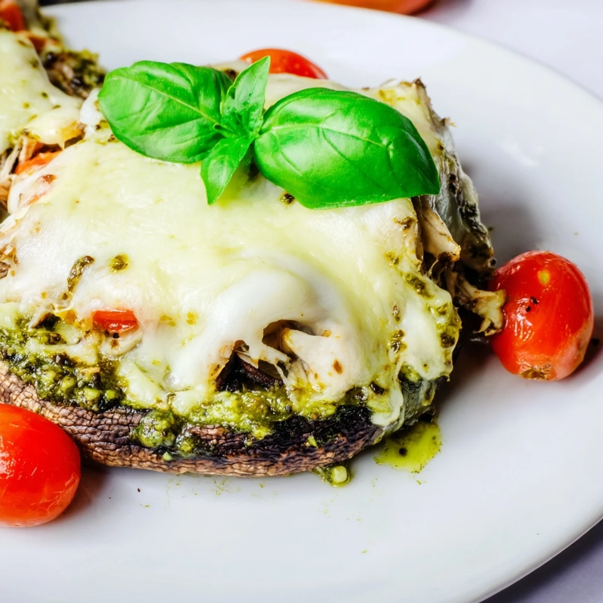 Close-up view of Pesto Chicken Stuffed Portobello Mushrooms highlighting juicy tomatoes and herby pesto filling.