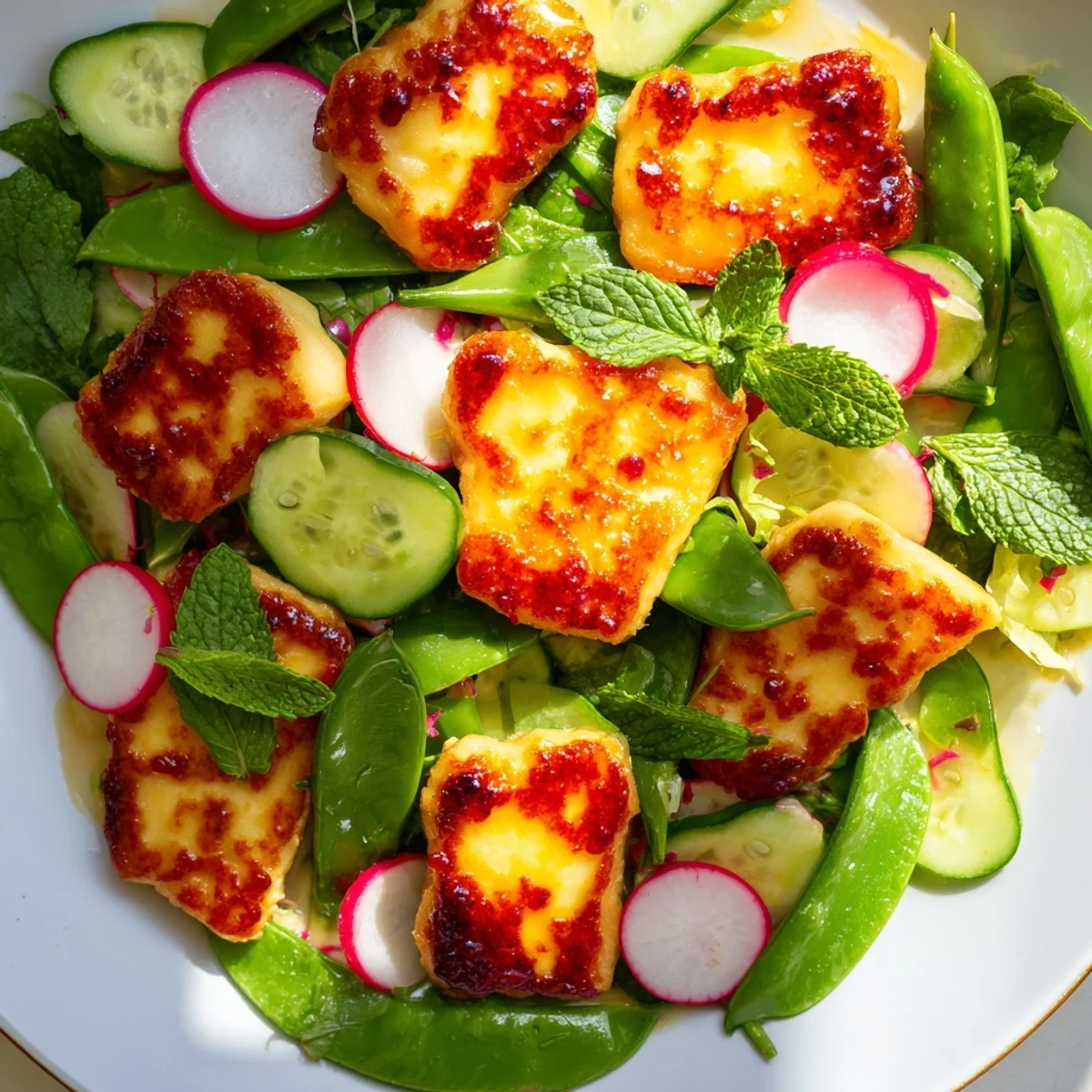 A close-up of crispy, seared halloumi cheese glistening with spicy sweet honey and served on a colorful platter of mixed spring greens, sugar snap peas, and fresh mint leaves. 