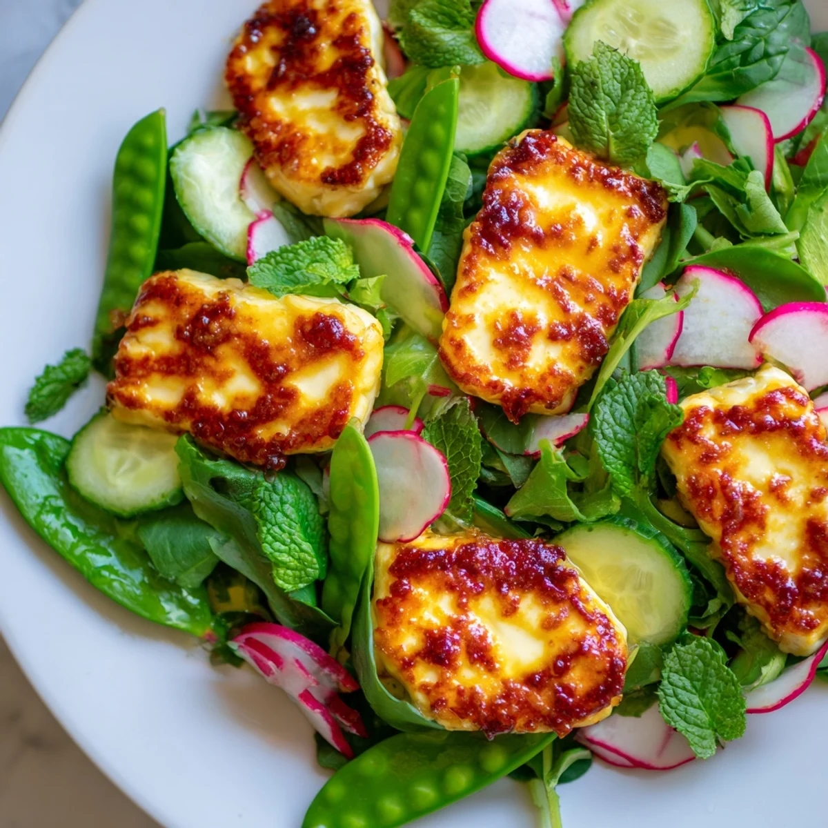 Steaming hot halloumi steak with a glossy hot honey glaze, nestled among crisp arugula, baby spinach, and thinly sliced radishes for an easy vegetarian dinner idea.