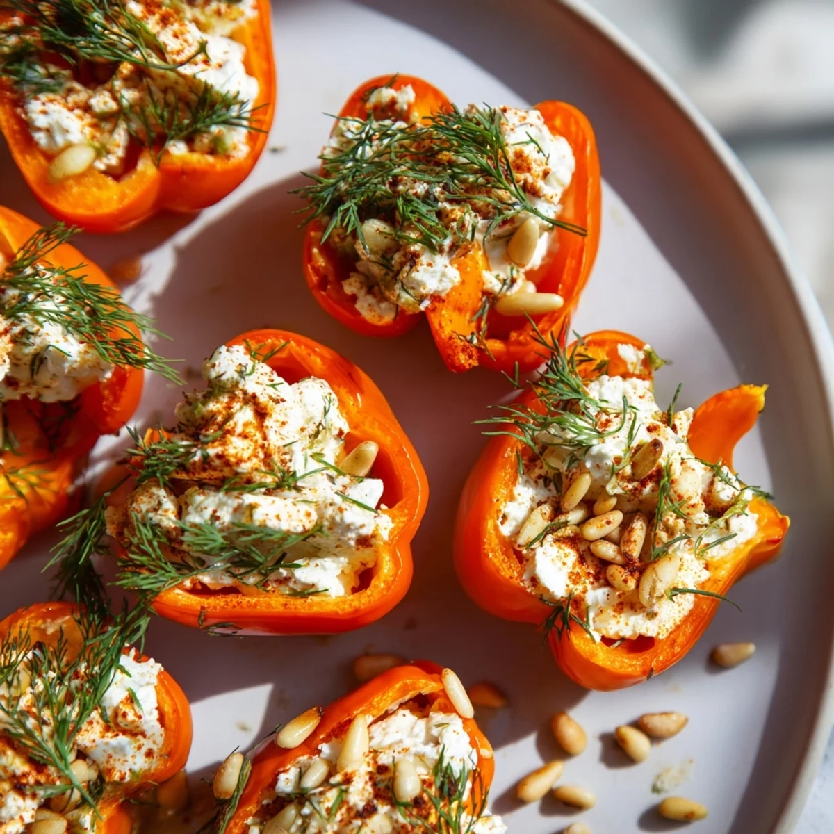 Bright yellow and red mini peppers filled with creamy whipped feta cheese, garnished with fresh dill and toasted pine nuts for a vibrant Mediterranean appetizer.
