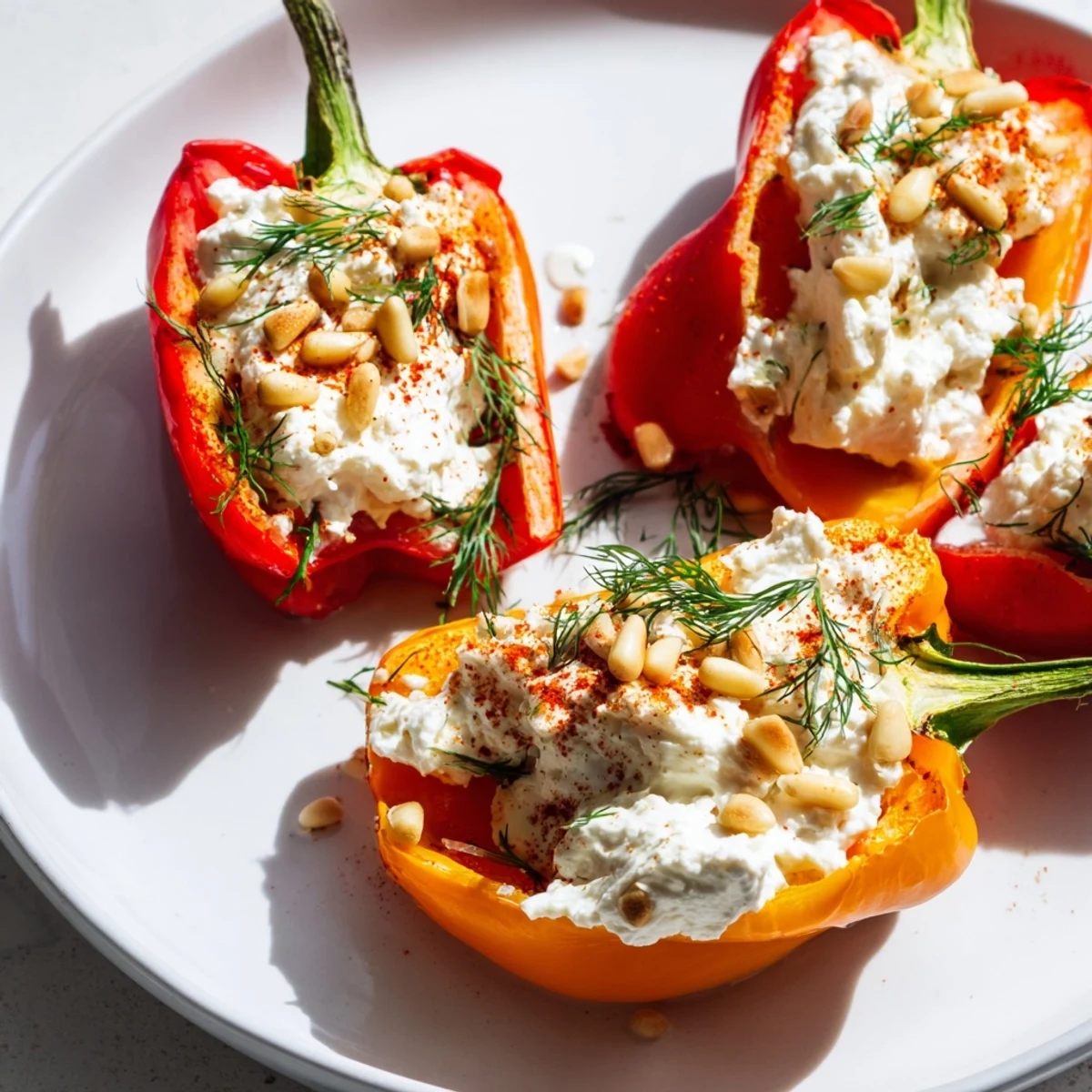 Whipped Feta Stuffed Mini Peppers arranged on a white platter, ready to serve at a party, with lemon wedges and a glass of white wine nearby.