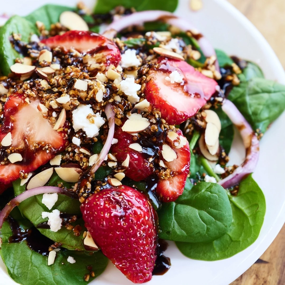 Fresh greens and sliced strawberries tossed with feta and almonds in the Strawberry Spinach Salad With Balsamic Hemp Crunch.