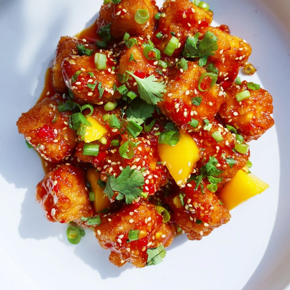 Crispy Tofu With Mango Chili Glaze glistening on a plate beside fresh cilantro and lime wedges.