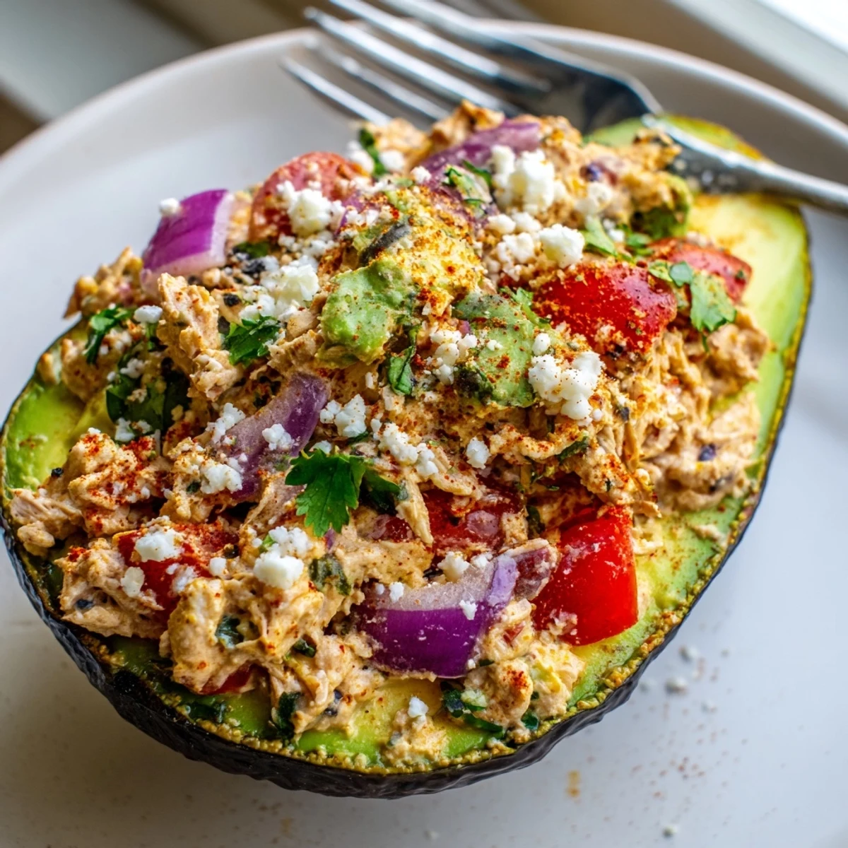 Close-up view of smoky chipotle chicken stuffed avocados with creamy Greek yogurt filling and vibrant garnishes.