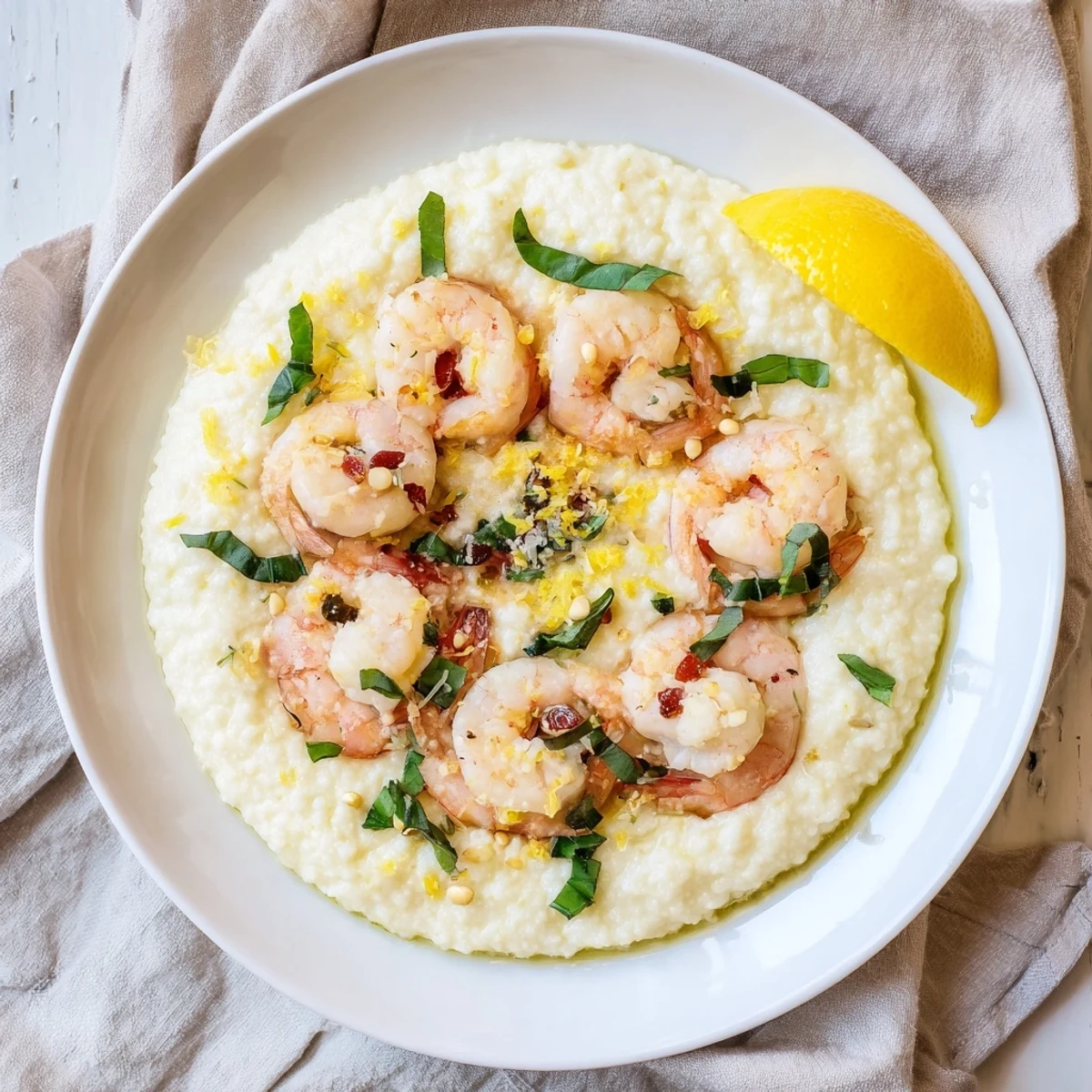 Steaming Lemon Basil Shrimp With Cauliflower Grits garnished with lemon slices, served on a white dish for a low-carb dinner. 