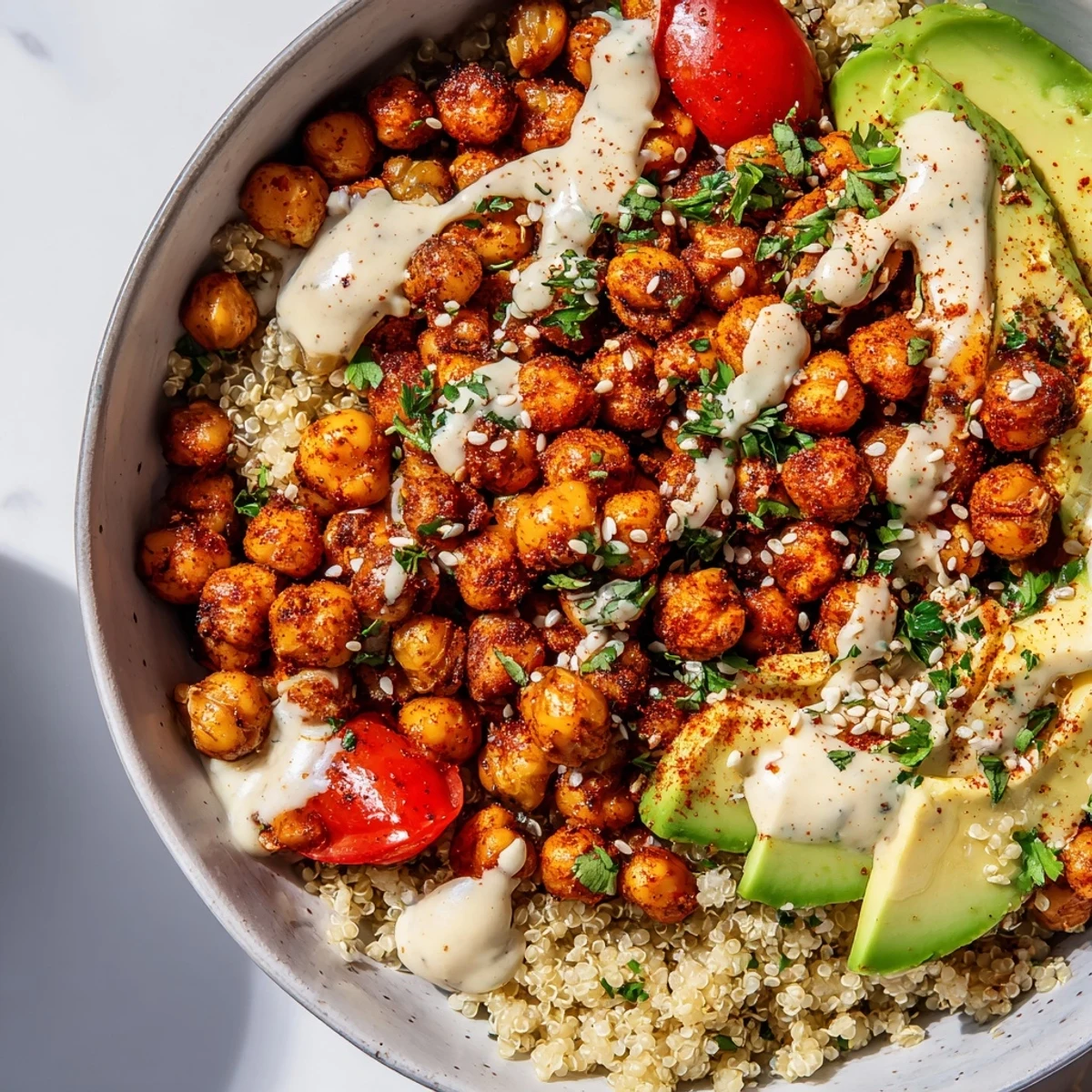 Hearty bowl featuring warm golden cauliflower quinoa, crunchy roasted chickpeas, diced cucumber, cherry tomatoes, and red onion, finished with parsley and a generous pour of zesty lemon tahini sauce.  
