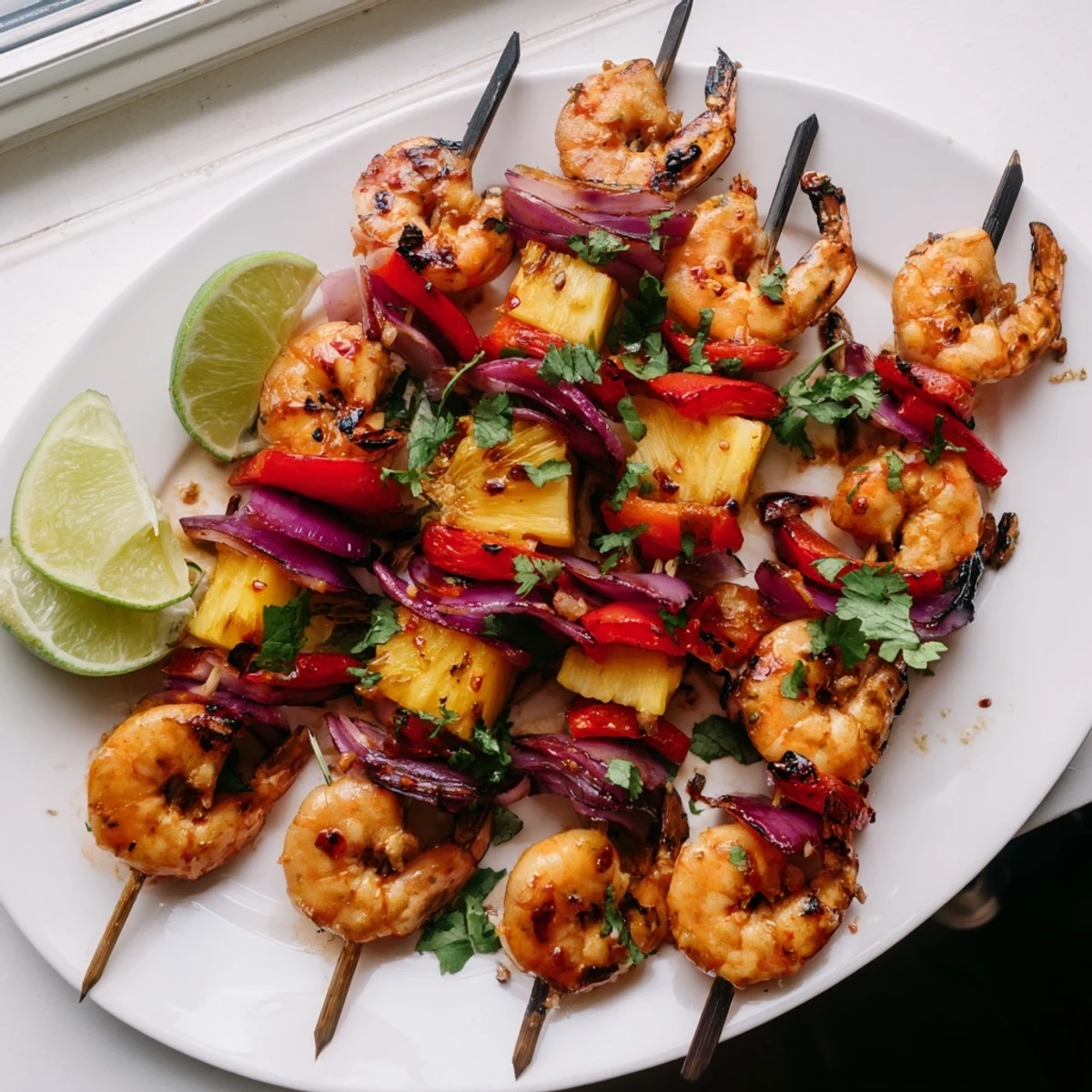 Platter of Grilled Pineapple and Shrimp Skewers with Chili Lime paired with coconut rice for a tropical dinner.