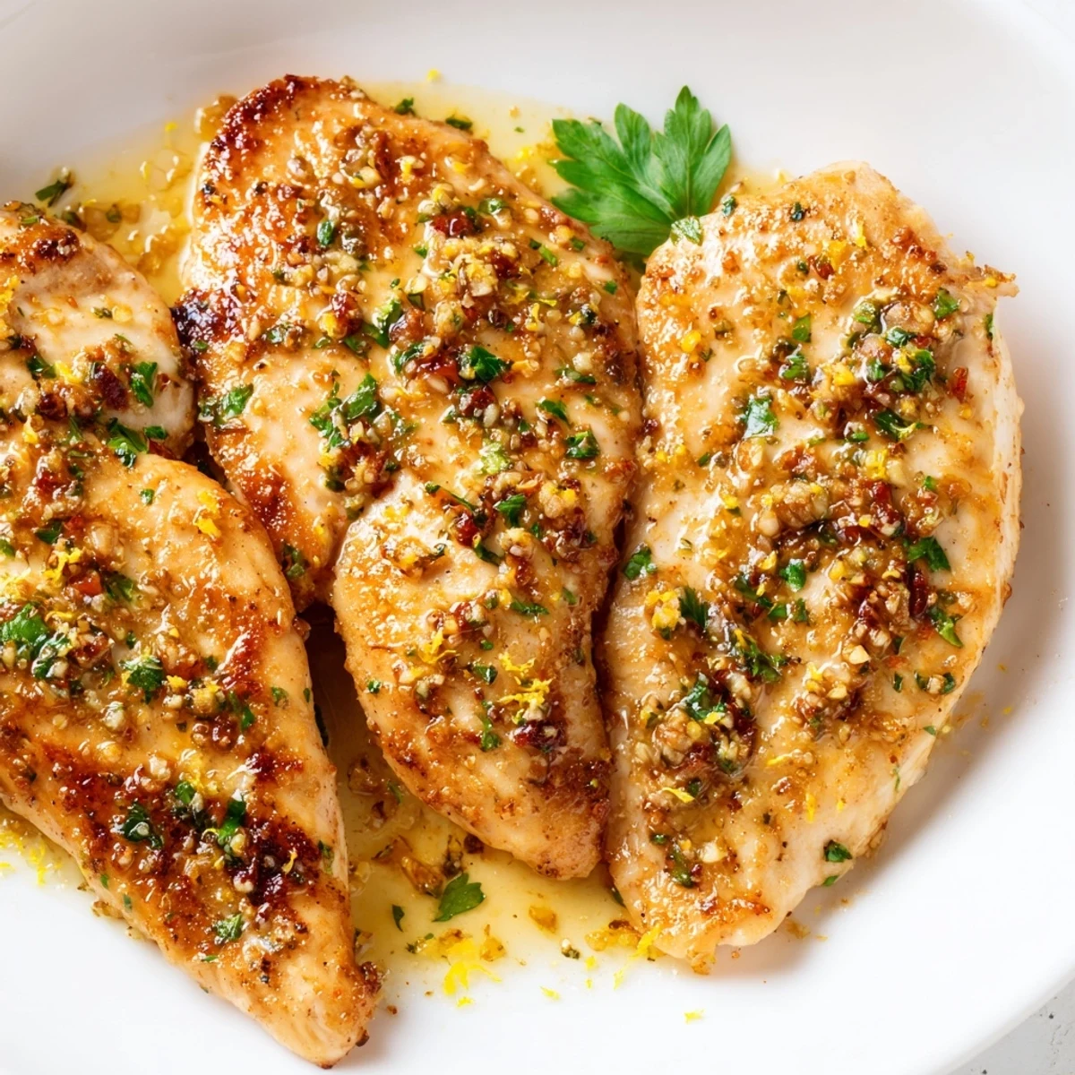 Juicy seared chicken breasts in garlic butter sauce beside sweet, oven-roasted rainbow carrots on a white plate. Garlic Butter Chicken With Roasted Rainbow Carrots