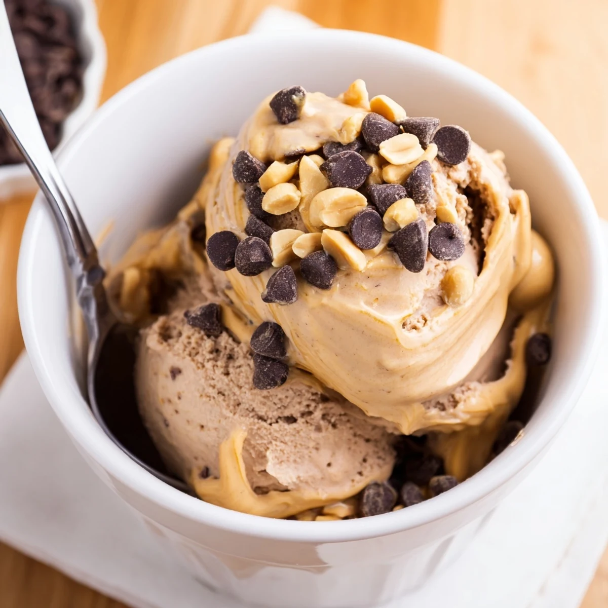 Scoopable Chocolate Peanut Butter Protein Nice Cream topped with chopped peanuts and chocolate chips in a chilled bowl.