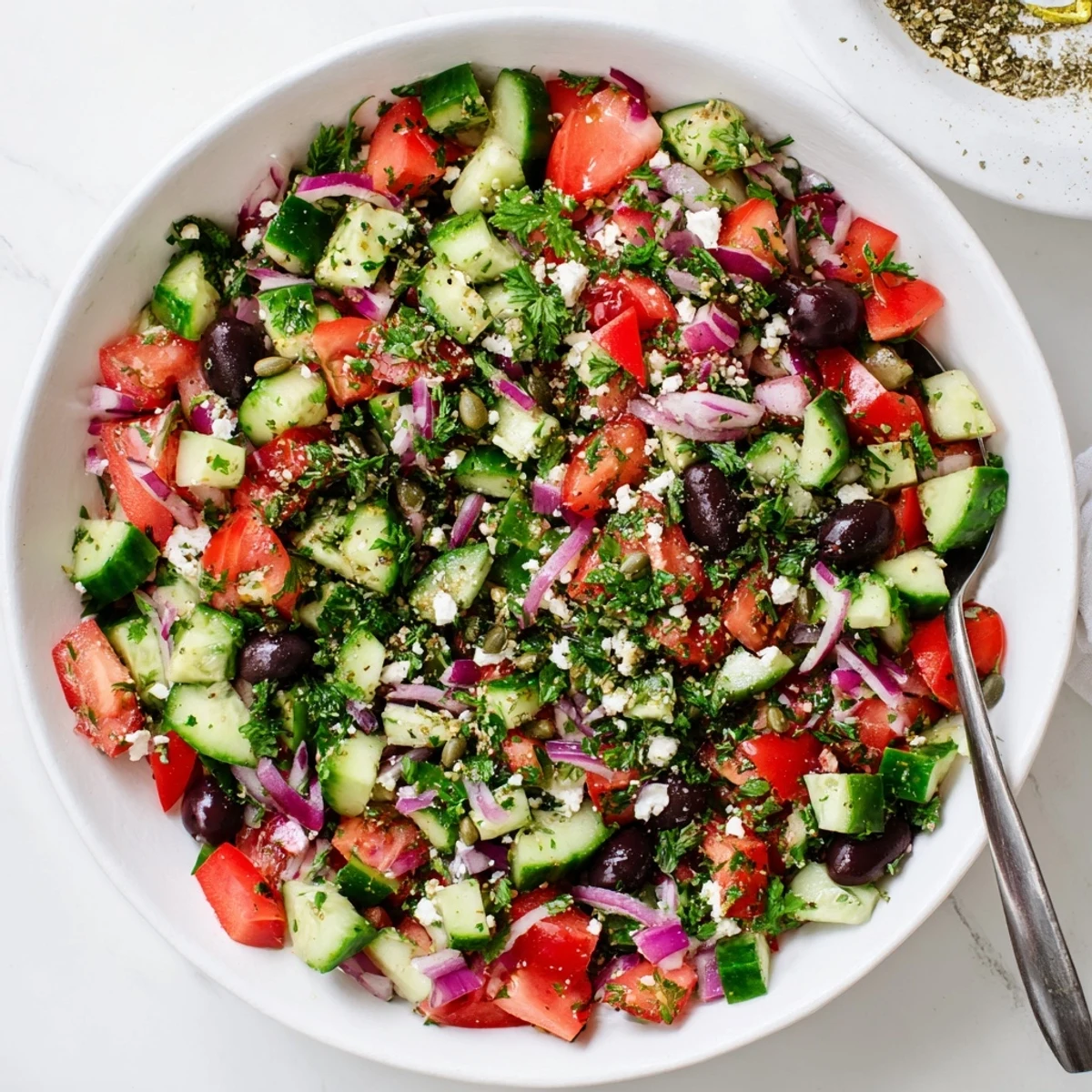 Fresh Mediterranean Cucumber Tomato and Hemp Salad with diced cucumbers, juicy tomatoes, hemp seeds, and parsley.