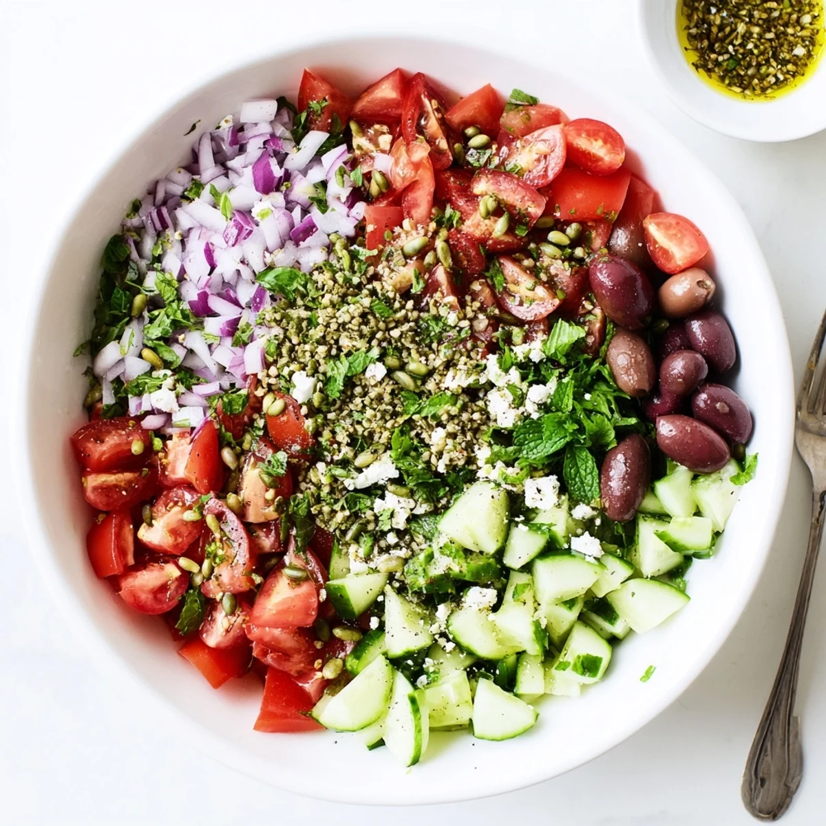 A vibrant Mediterranean Cucumber Tomato and Hemp Salad tossed with lemon dressing, served in a white bowl.