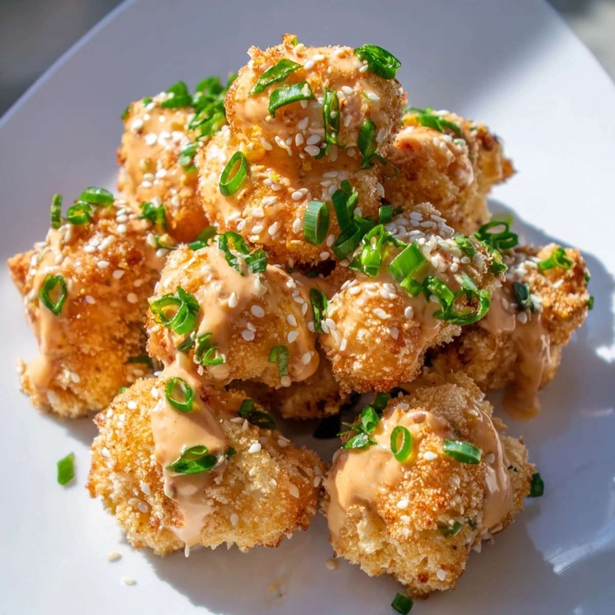 Golden-baked Crispy Bang Bang Cauliflower Bites on a platter, garnished with scallions and sesame seeds for a savory snack.