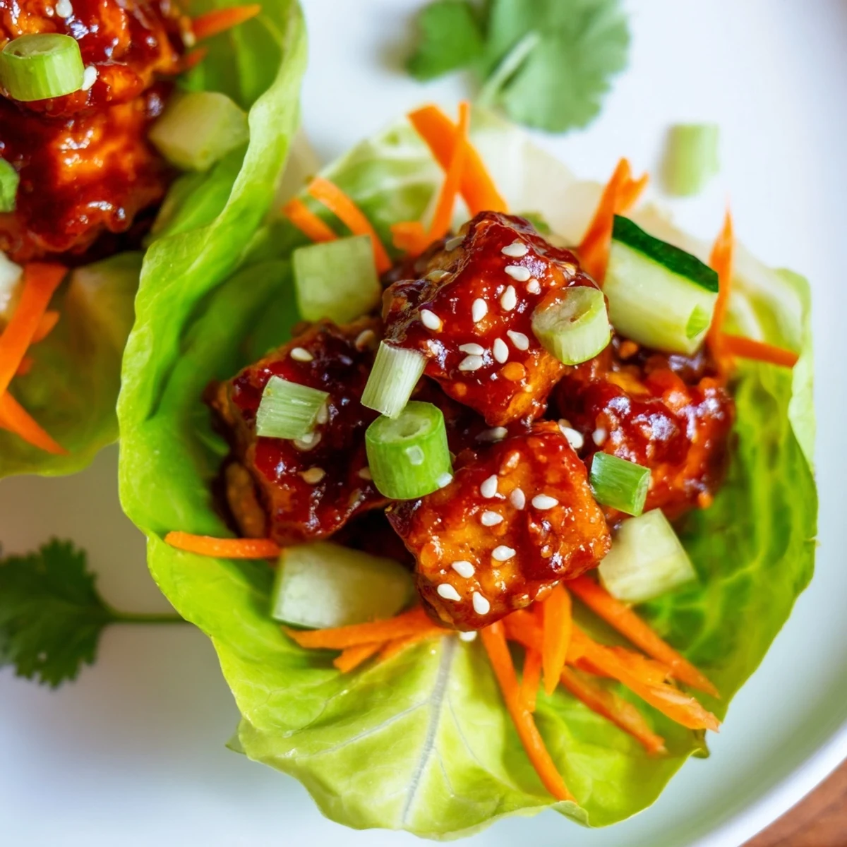 Vibrant Spicy Kimchi Tofu Lettuce Cups with golden sautéed tofu nestled in crisp green lettuce leaves. 