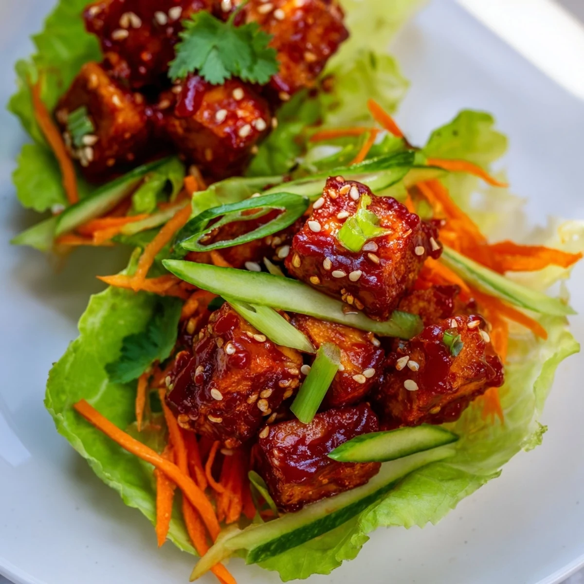 Fresh Spicy Kimchi Tofu Lettuce Cups ready to serve with lime wedges and a spicy red sauce.