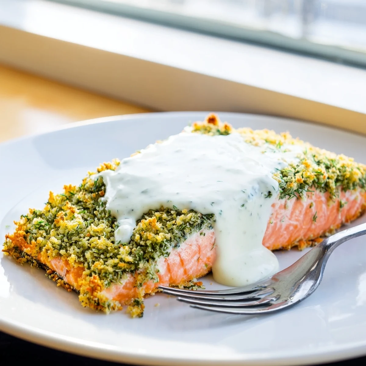 Herb Crusted Salmon With Creamy Dill Sauce garnished with lemon wedges and fresh dill sprigs.