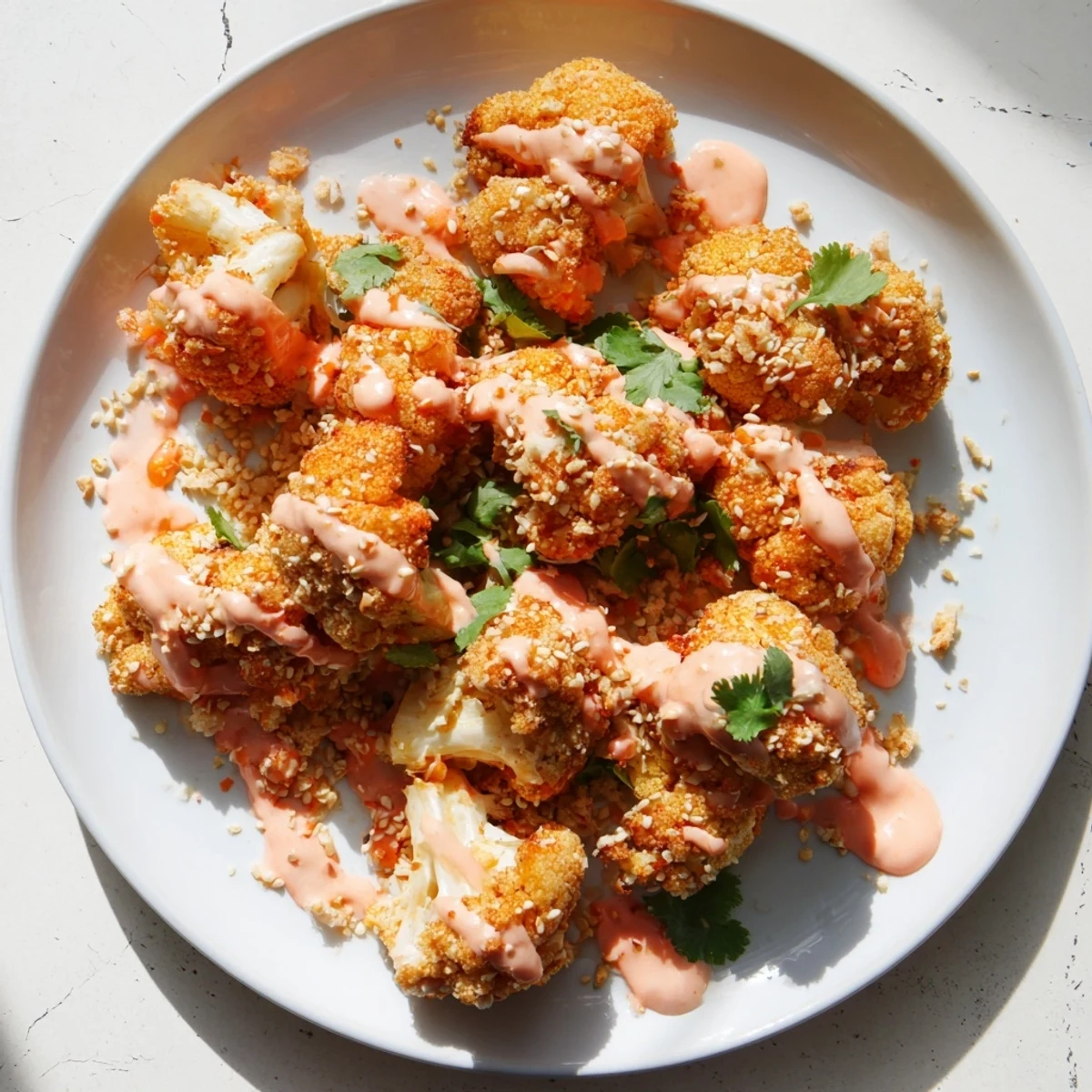 Golden, crispy cauliflower florets coated in panko, served with creamy Bang Bang sauce and fresh cilantro garnish for a spicy-sweet kick.