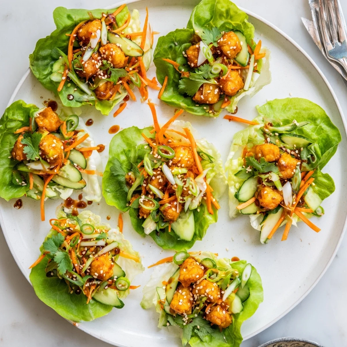 Overhead view of vegan Spicy Kimchi Tofu Lettuce Cups, featuring golden tofu cubes, colorful julienned carrots, cucumber, and scallions on butter lettuce.