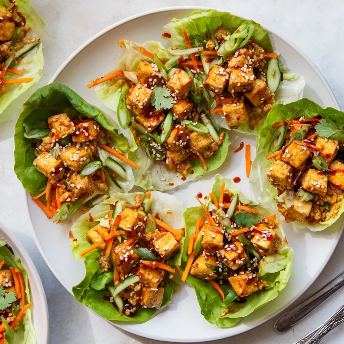 A close-up of a hand-held Spicy Kimchi Tofu Lettuce Cup, showing the contrast between the crisp lettuce leaf and the warm, savory filling.