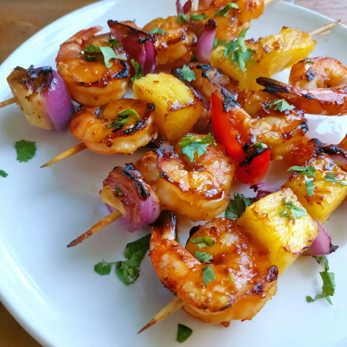 Fresh grilled pineapple and shrimp skewers glistening with chili lime glaze on a rustic wooden platter.