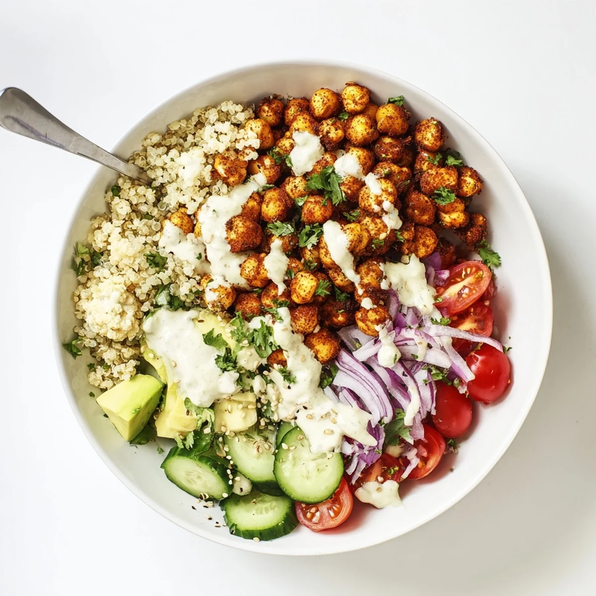 Overhead view of Lemon Tahini Chickpea and Quinoa-Style Cauliflower Bowl with colorful veggies and creamy dressing.