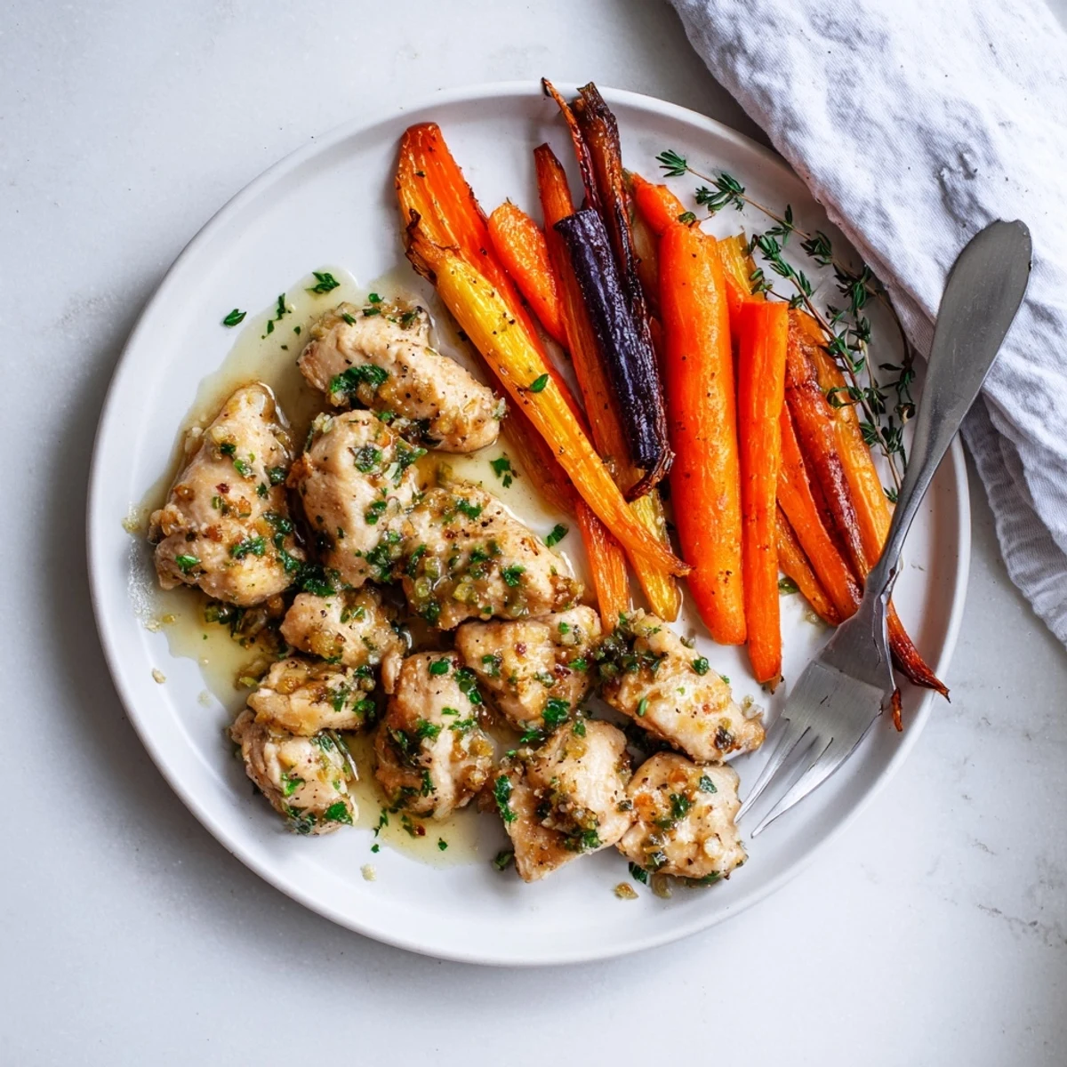 Sizzling skillet of Garlic Butter Chicken With Roasted Rainbow carrots beside vibrant orange, purple, and yellow roasted veggies.