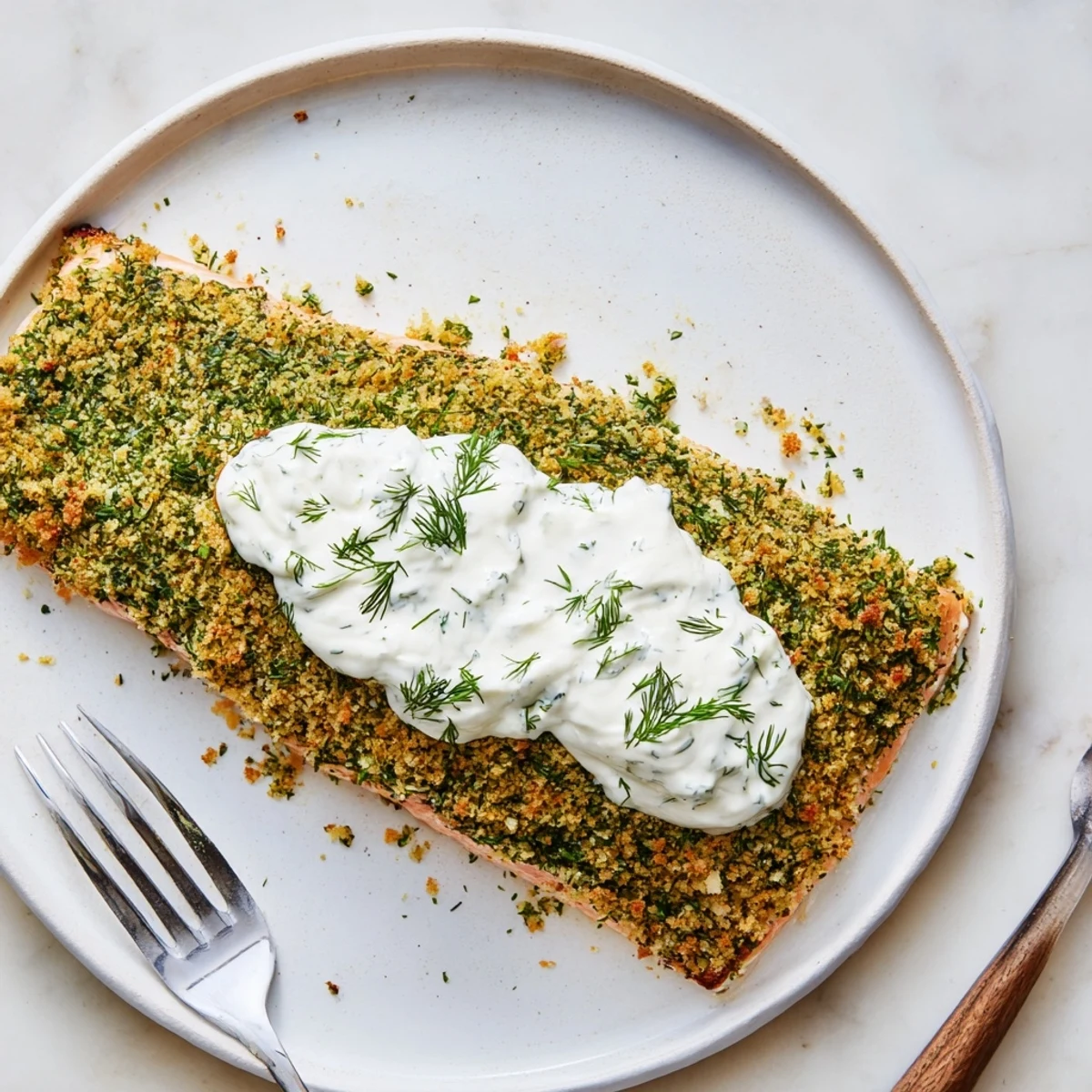Oven roasted Herb Crusted Salmon With Creamy Dill Sauce on a plate with roasted asparagus and lemon wedges.
