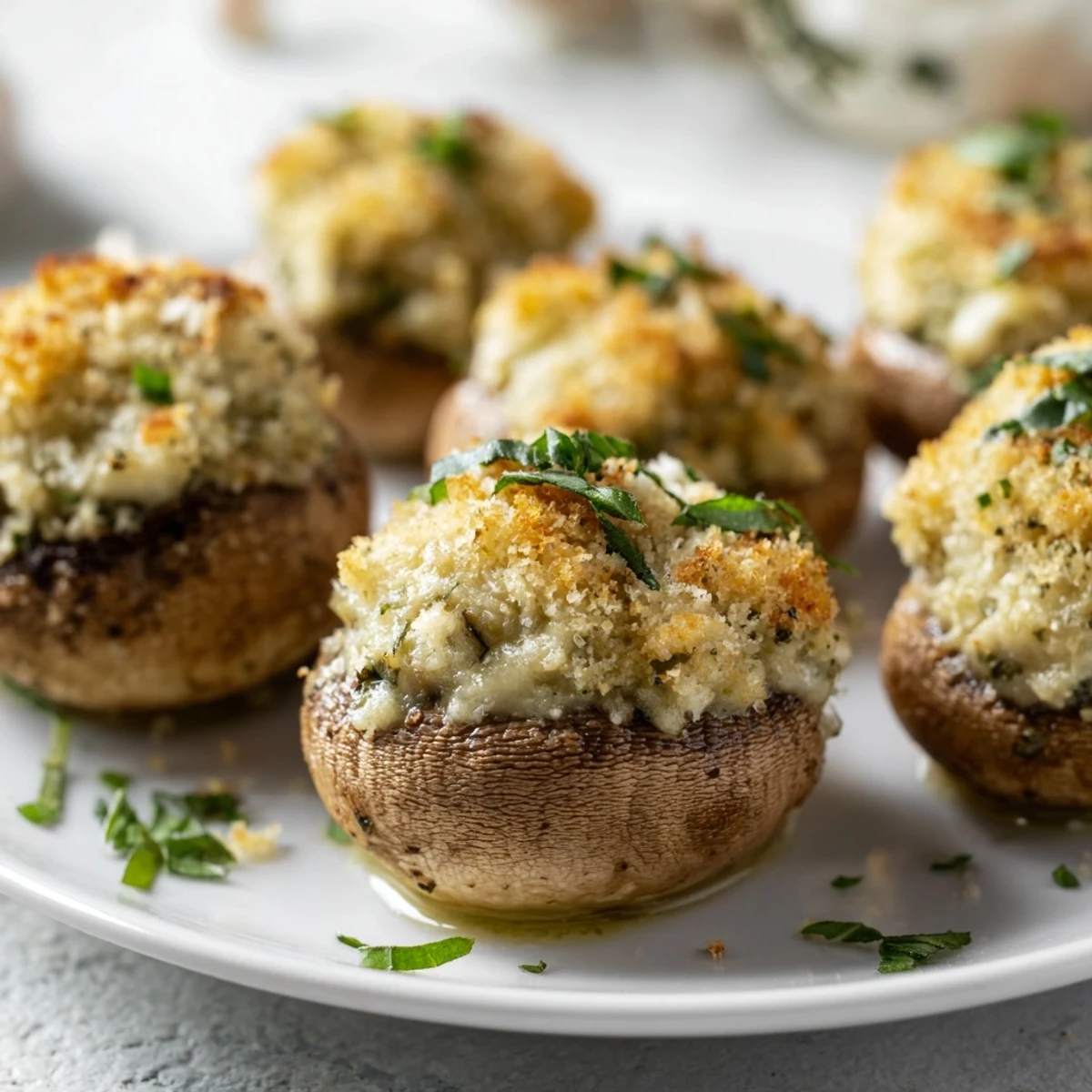 A close-up of Cottage Cheese Pesto Stuffed Mushrooms with golden, crispy breadcrumbs and melted cheese.  