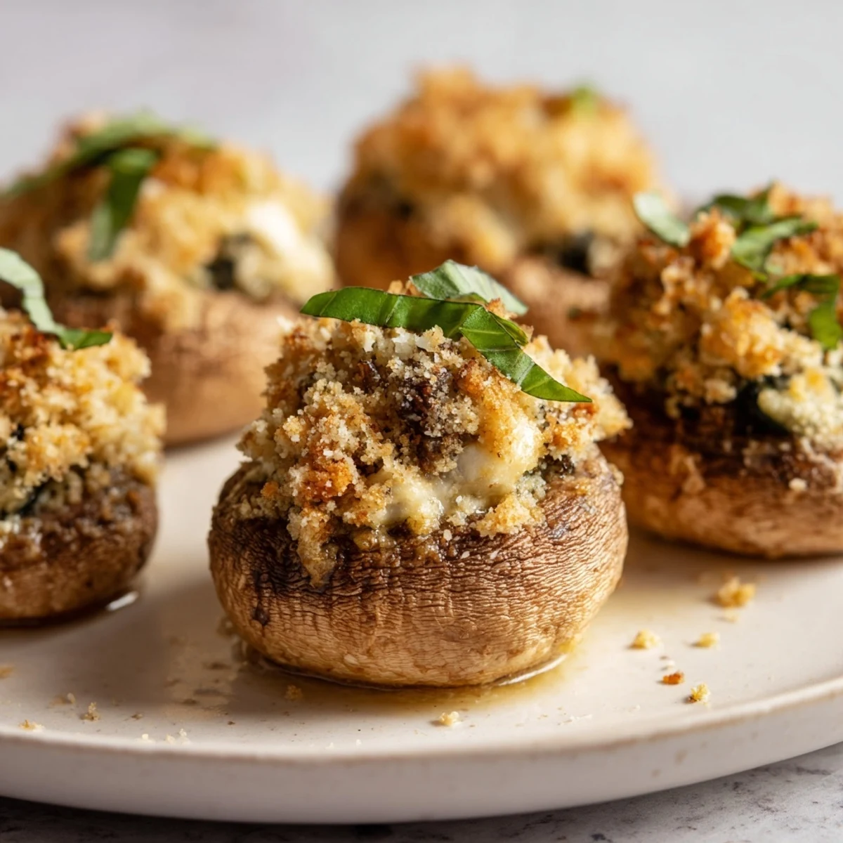 Freshly baked Cottage Cheese Pesto Stuffed Mushrooms arranged on a white platter with fresh basil garnish.  