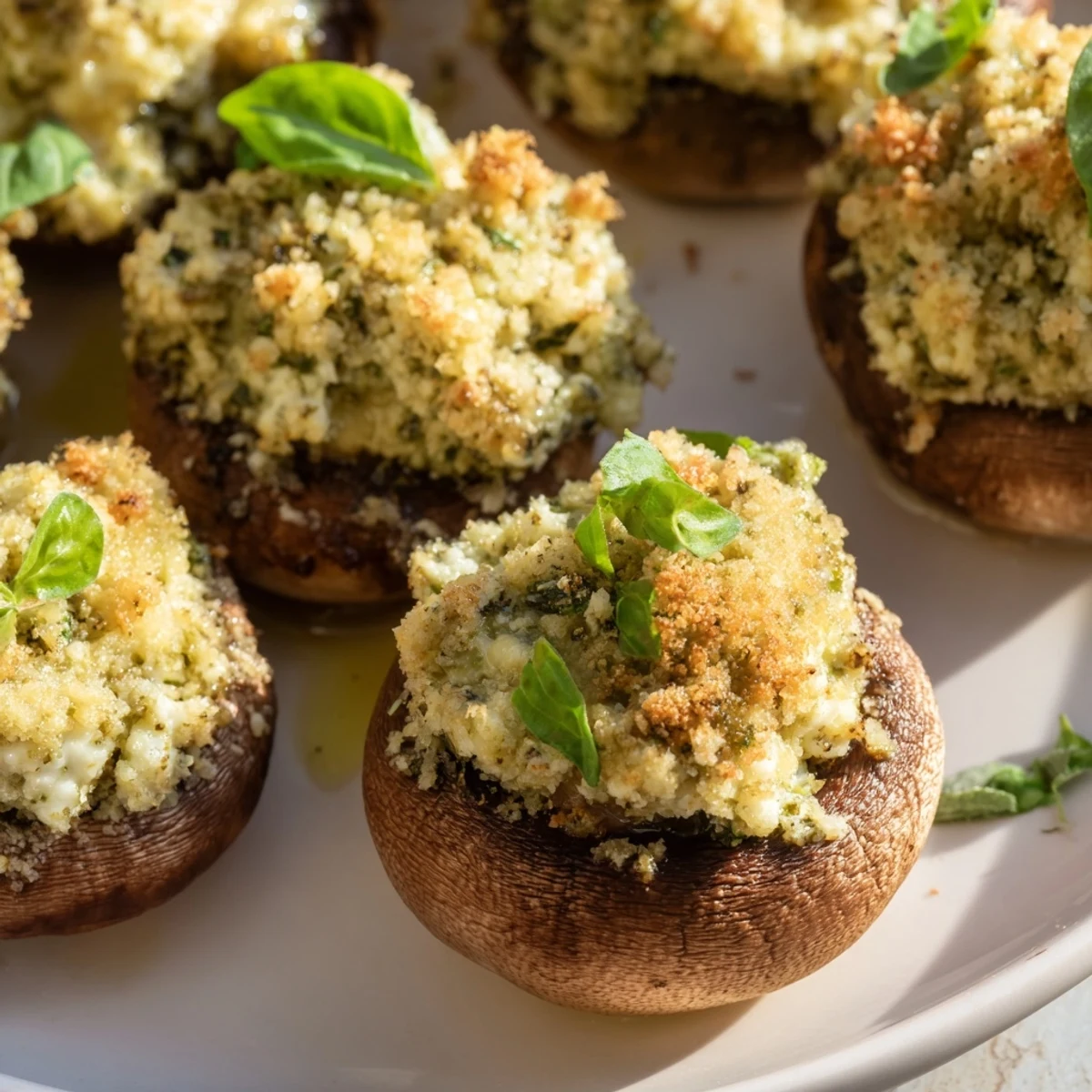 Golden-brown Cottage Cheese Pesto Stuffed Mushrooms served warm with a side of pesto dip.