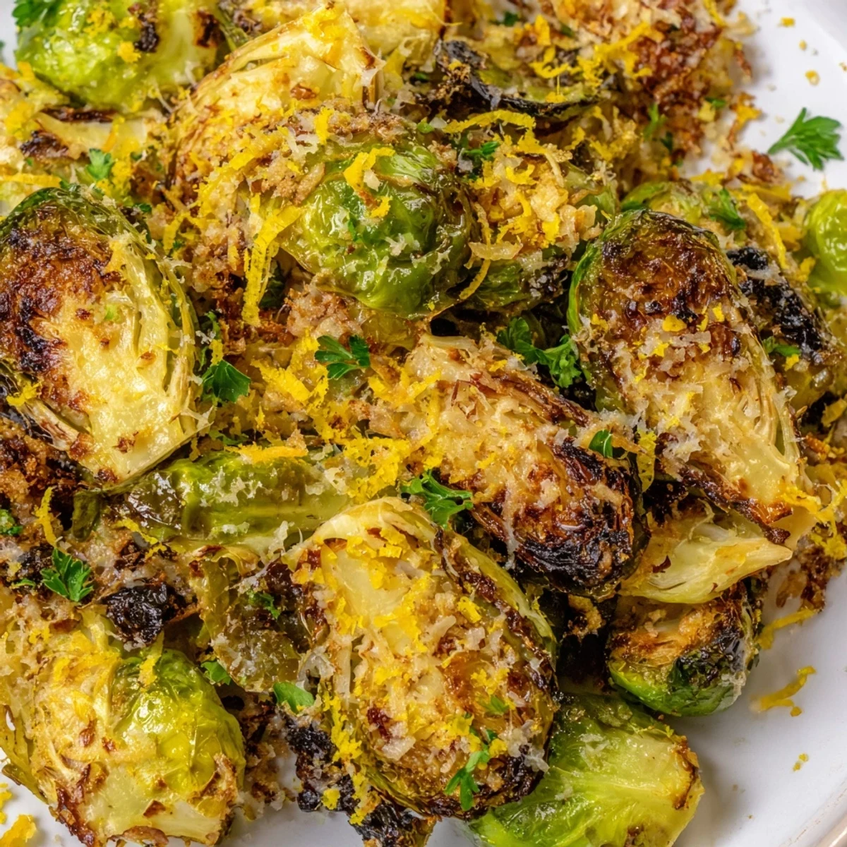 Golden roasted Brussels sprouts with Garlic Parmesan Roasted Brussels, enhanced by lemon zest and crispy edges.