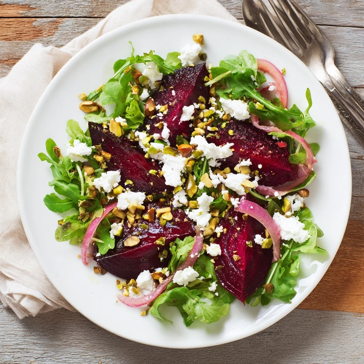 Colorful roasted beet and pistachio salad with citrus dressing, paired with goat cheese and sliced red onion.
